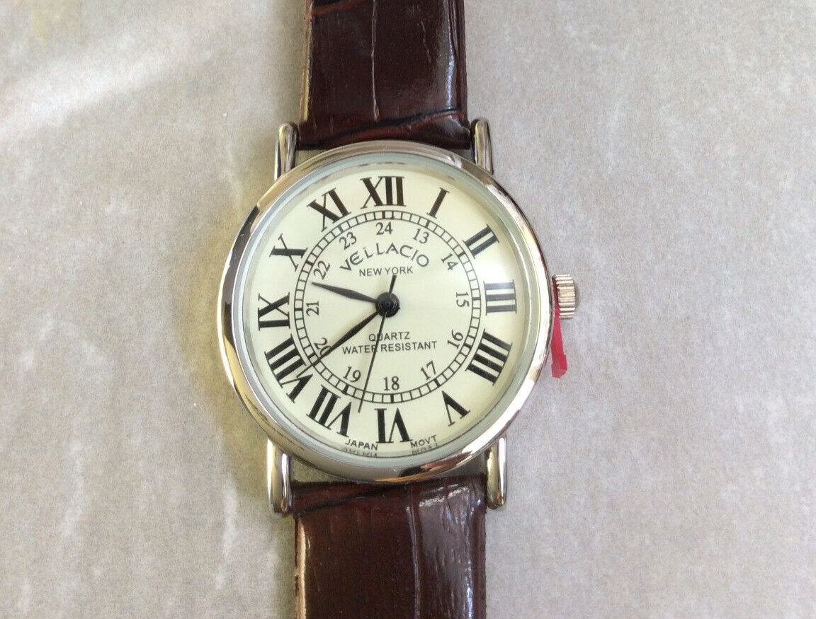 Vellacio Women’s Watch Round Beige Dial Roman Numerals 12/24 Brown Leather Band!