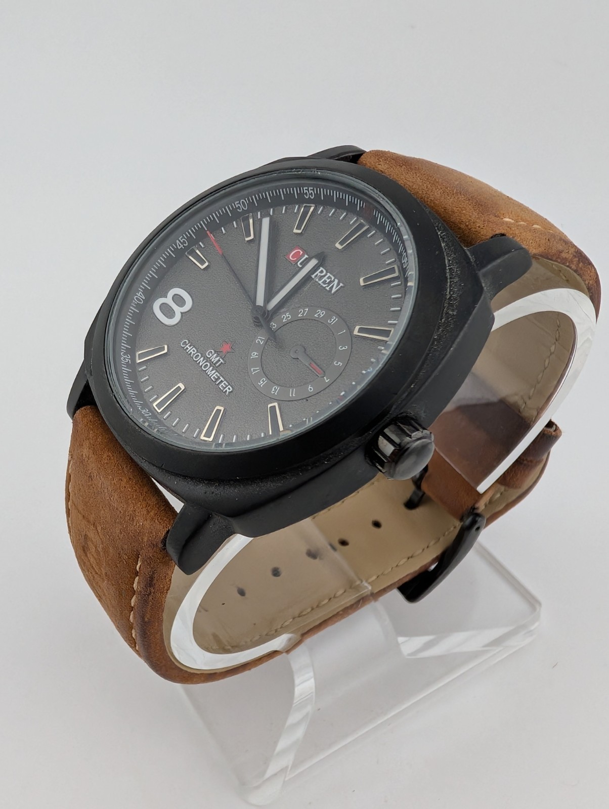 Curren Watch Men 42mm Black Case Brown Leather Band- New Battery