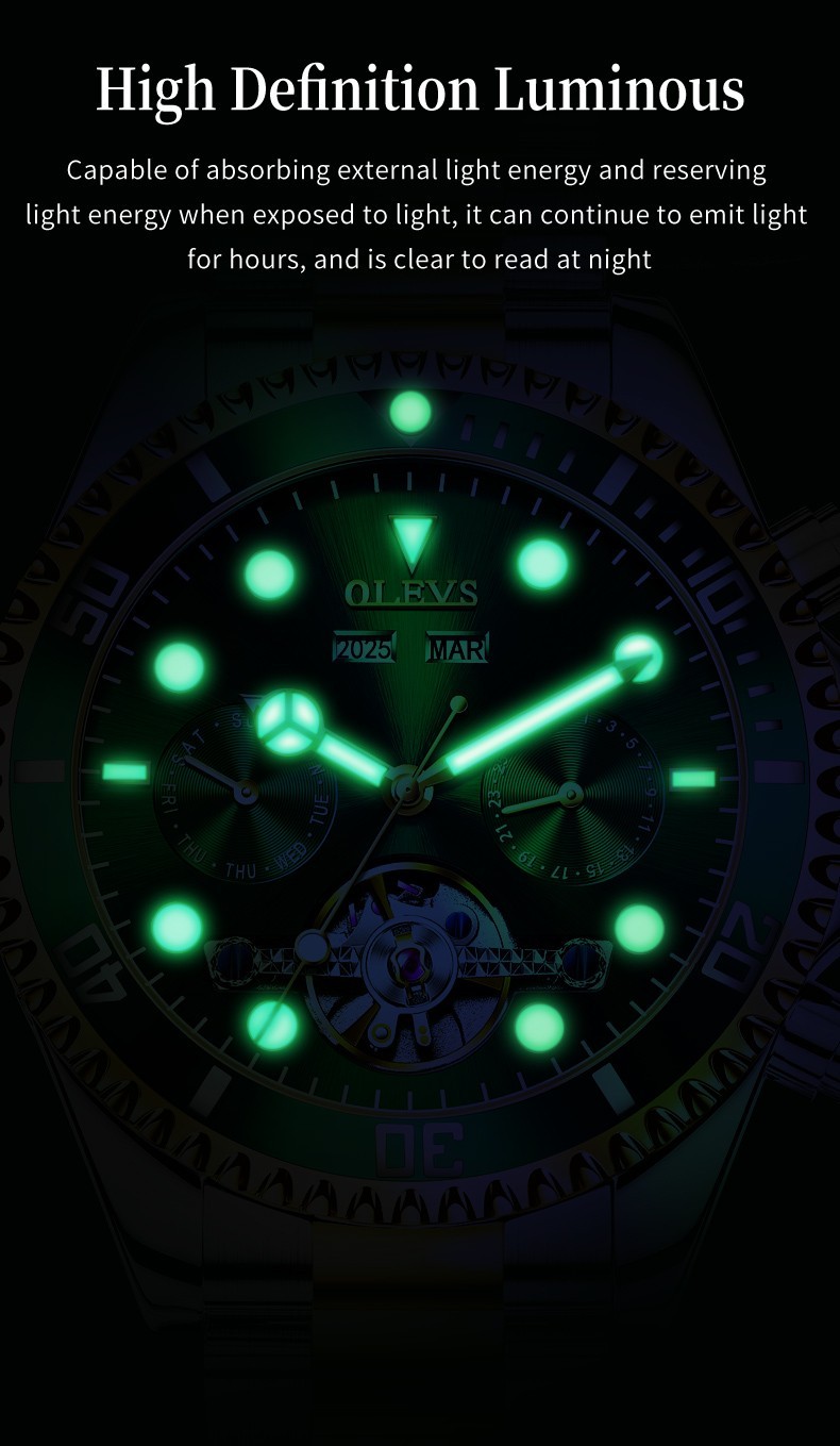 OLEVS 6605 Big Dial Skeleton Hollow Date Week Gents Business Automatic Watch