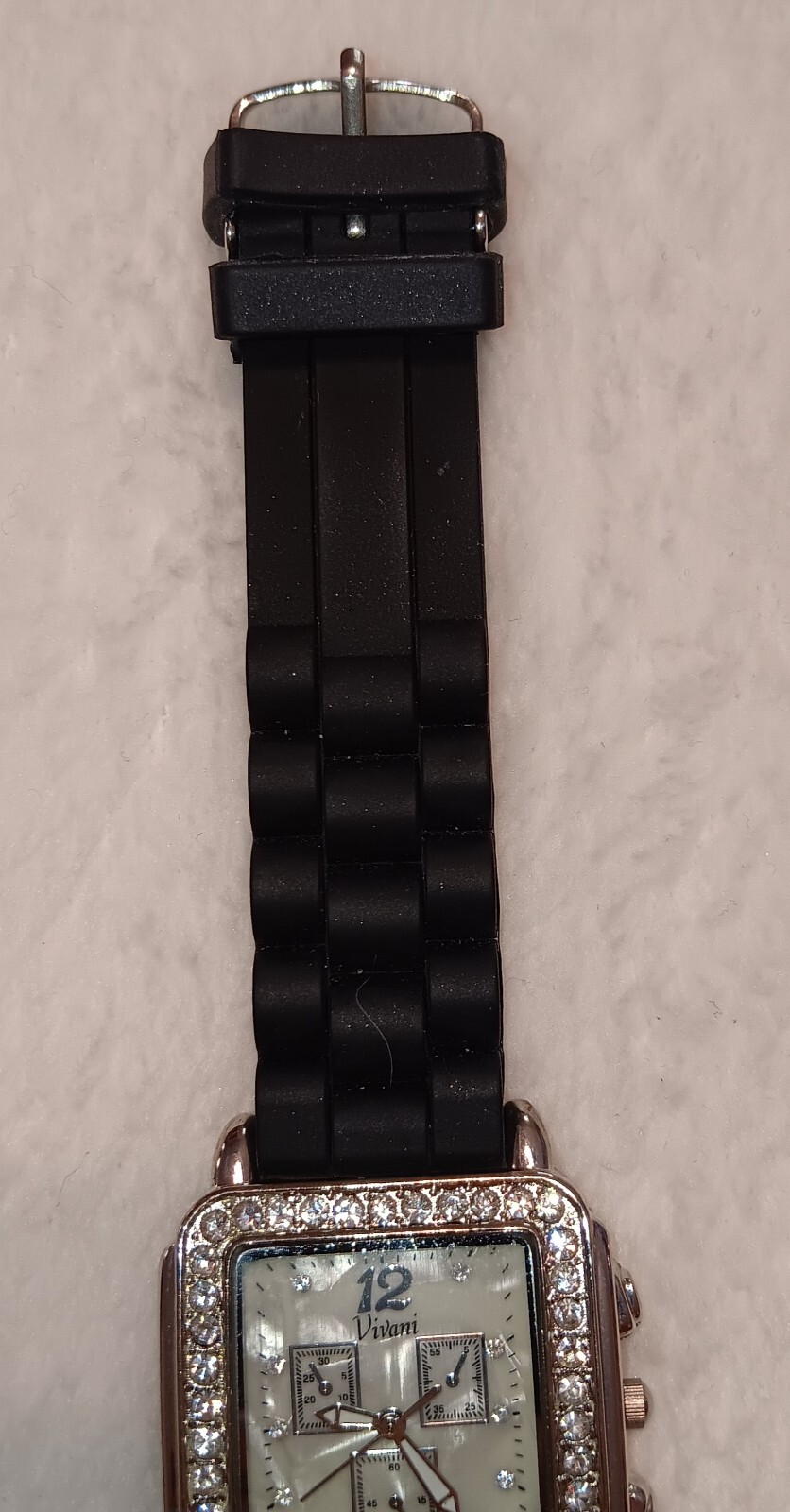 Vivani Accutime Ladies Watch Rhinestones Black Plastic Band, Needs Battery