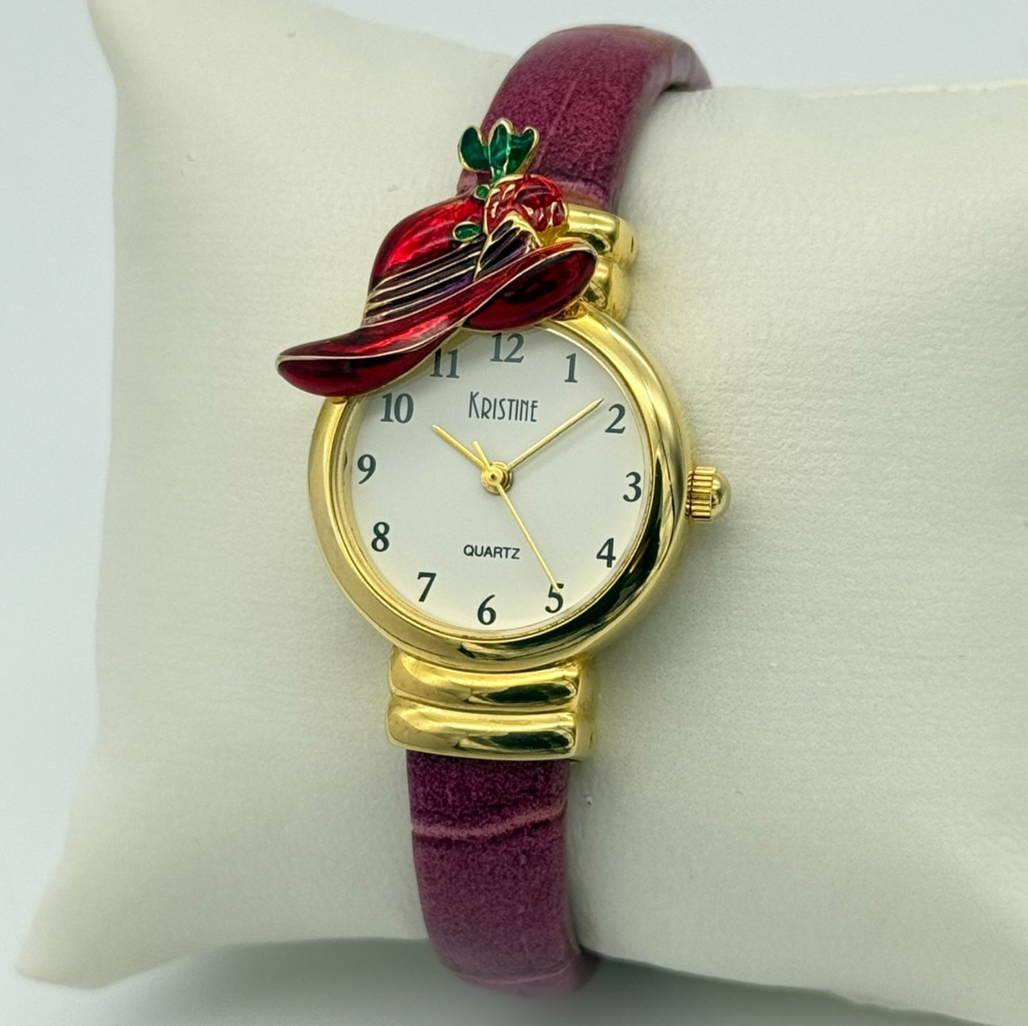 Women’s KRISTINE Red Hat Society Gold Tone Bangle Watch, Pink Band, Quartz, Runs