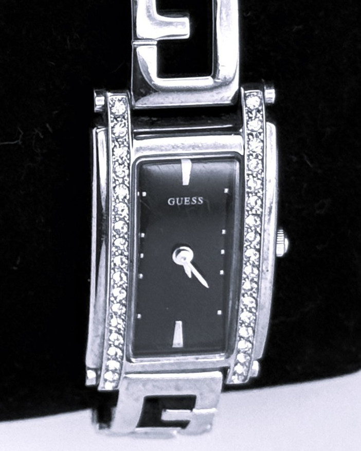 GUESS G75729L BLACK DIAL RHINESTONES SILVER TONE G BRACELET BAND LADIES WATCH