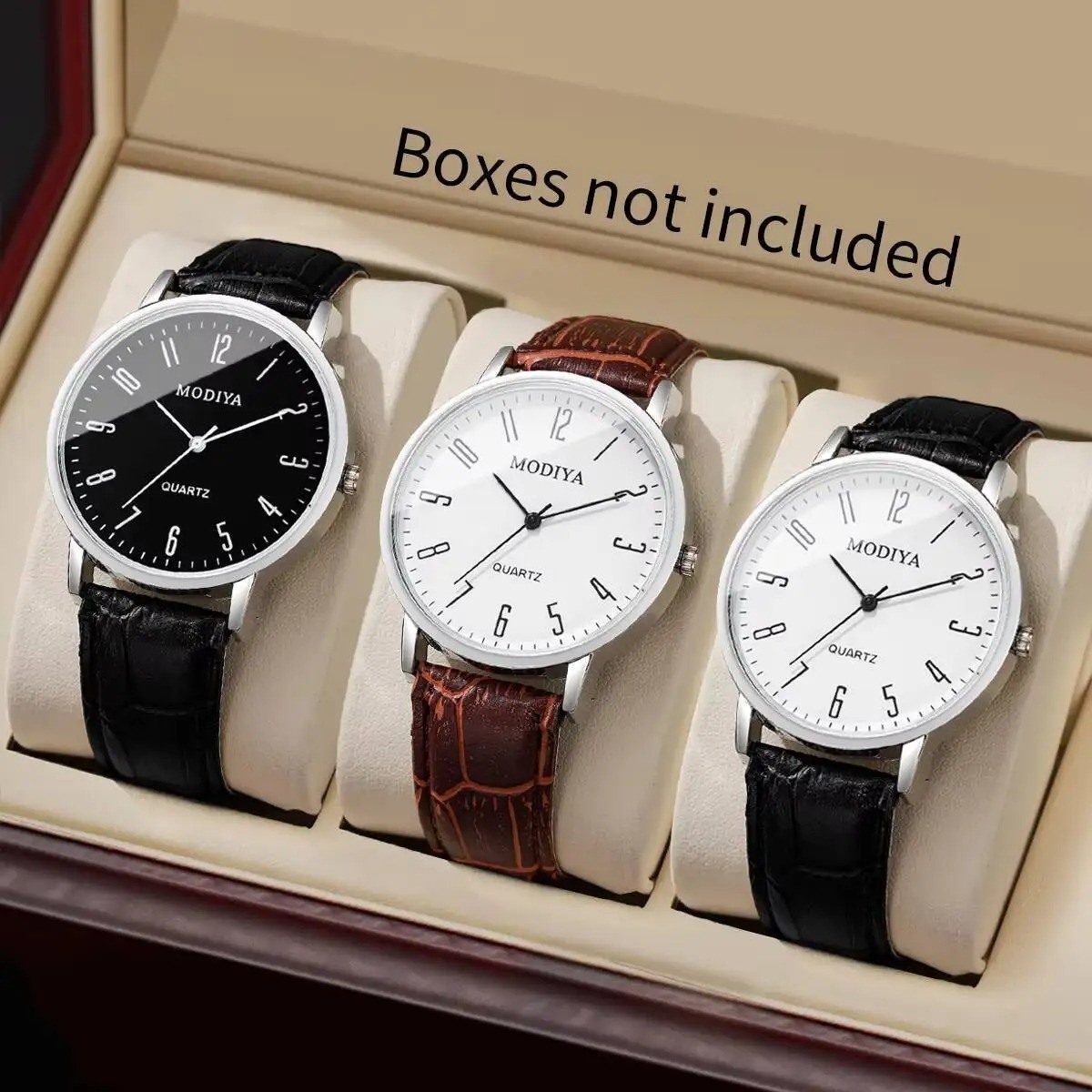 3PCS Set Men’s Arabic Dial Quartz Watches Business Casual Leather Strap Wrist