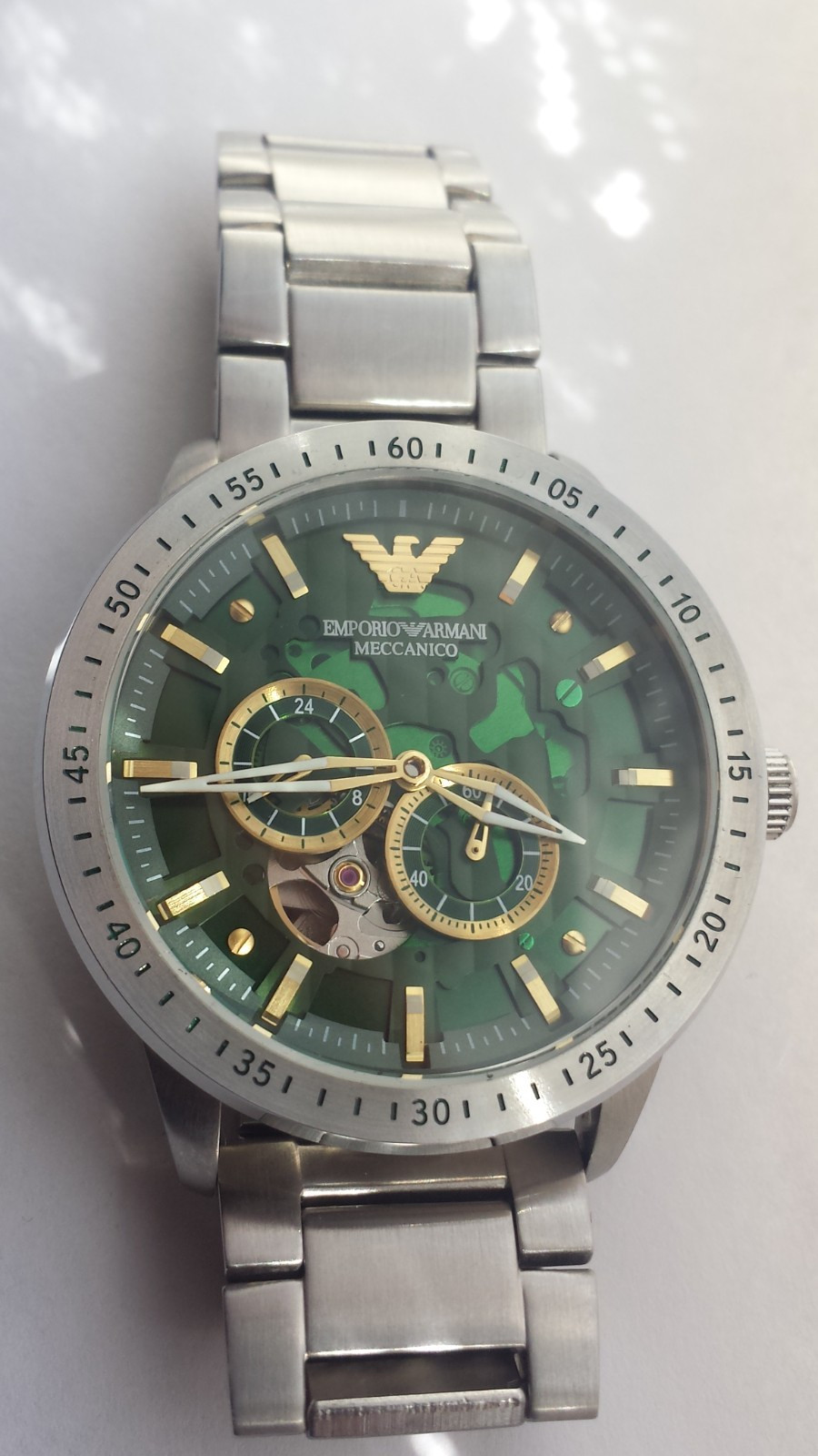 EMPORIO ARMANI MENS WATCH AR60053 Stainless Steel Green Dial Skeleton Watch