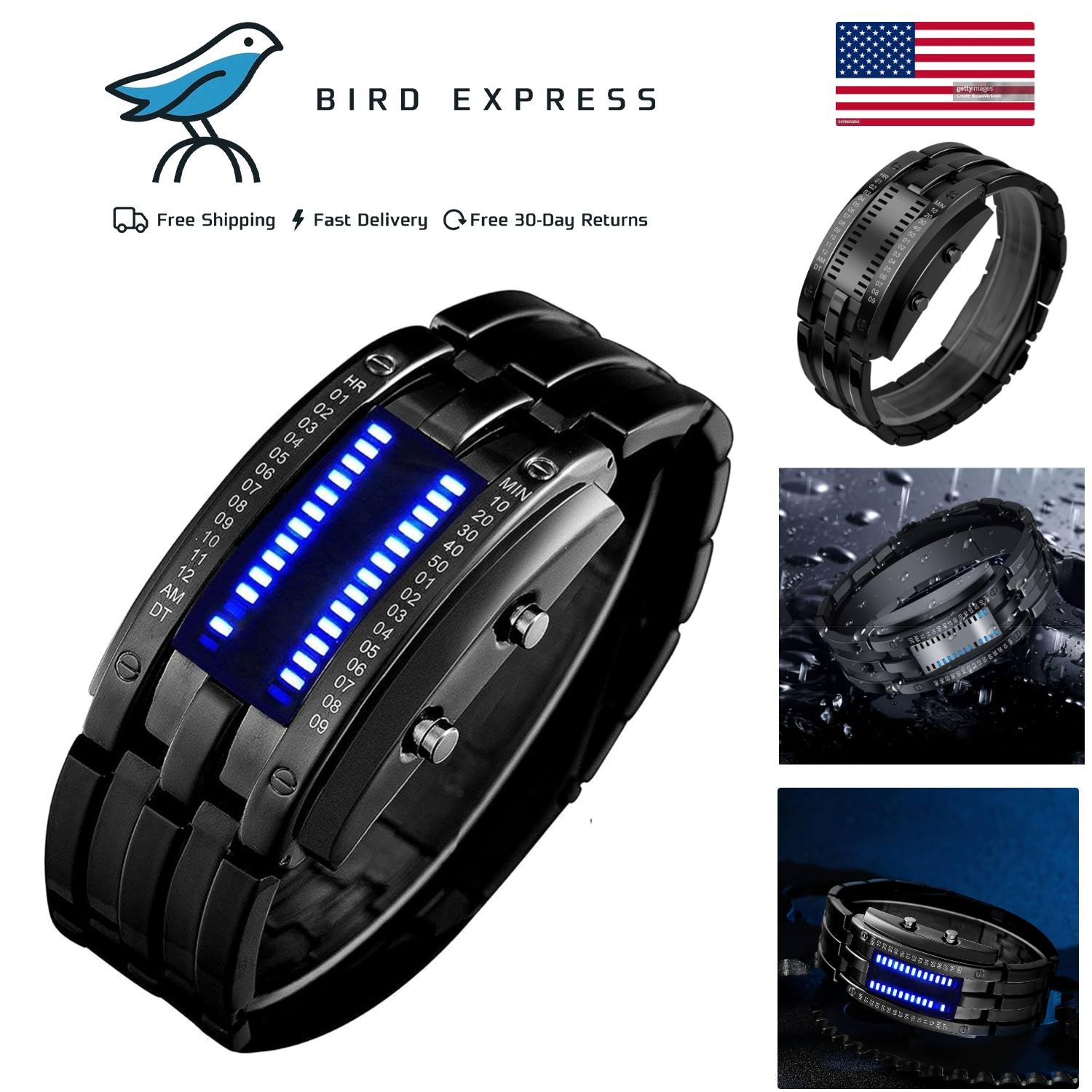 Men’s LED Digital Binary Watch Stainless Steel Waterproof Casual Fashion