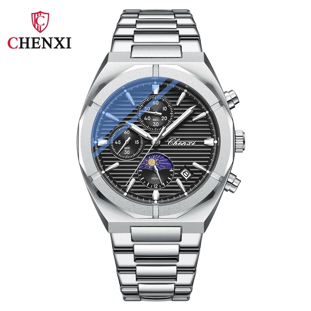 CHENXI Men’s Leather Chronograph Calendar Luminous Moon Phase Quartz Watch Gift