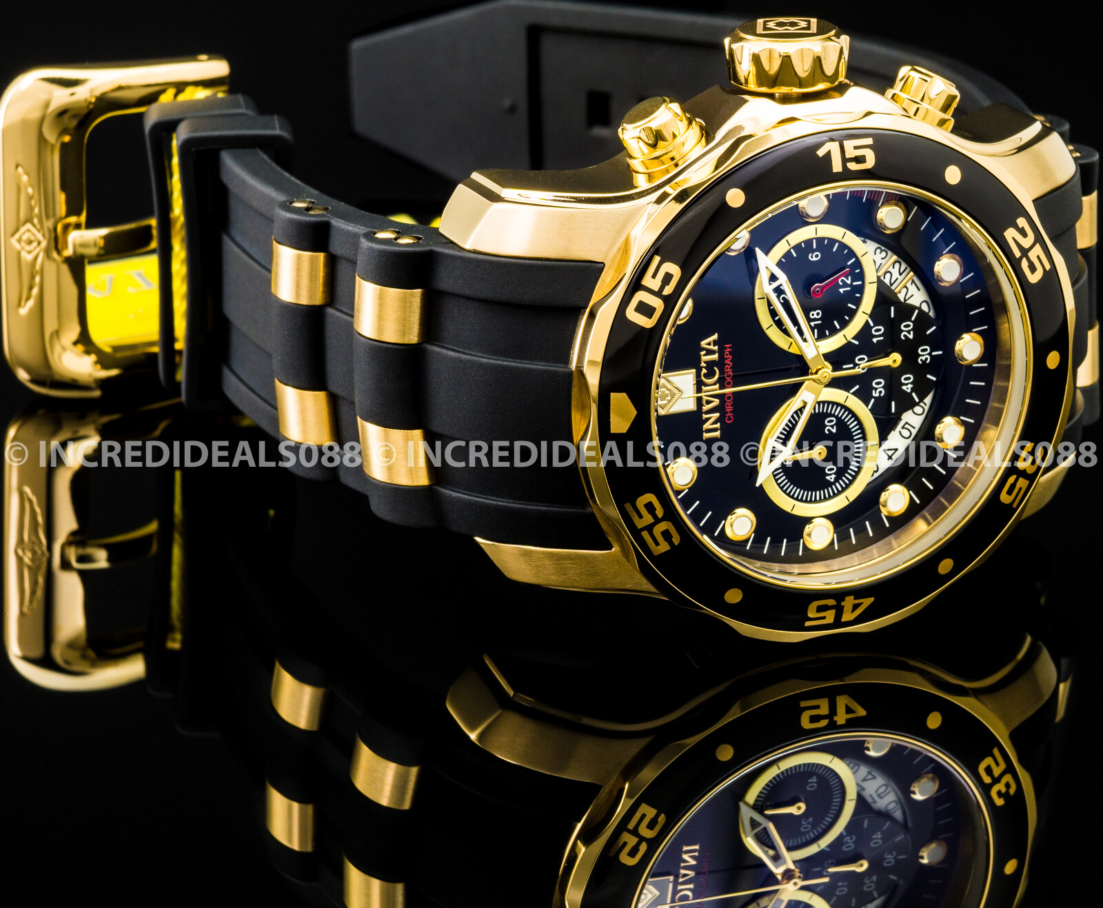 Invicta Mens PRO DIVER SCUBA Chronograph Black Dial Elegant Fashion Gold Watch