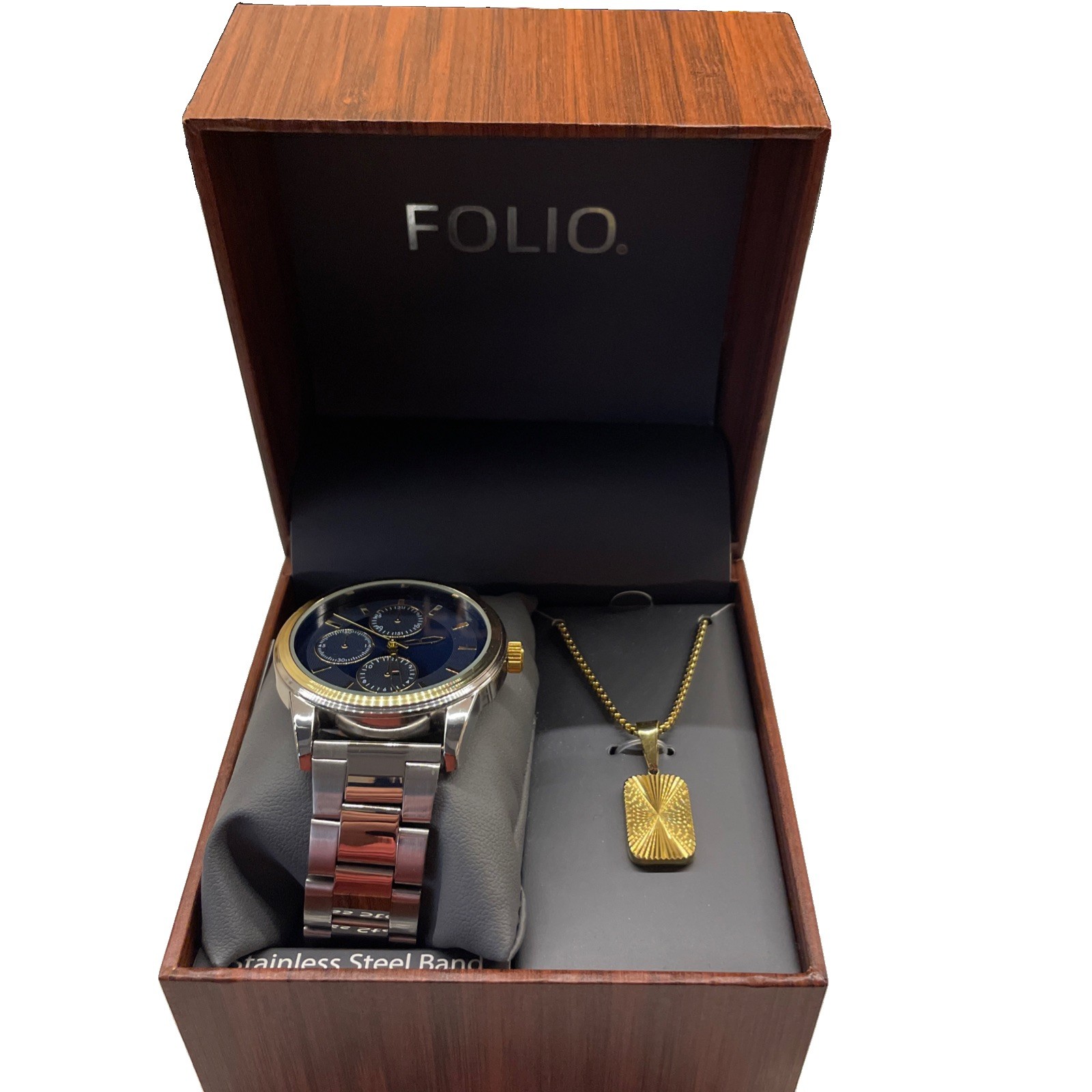 Folio Men’s Dress Wrist Watch Silver with Gold Dial and Blue Face.