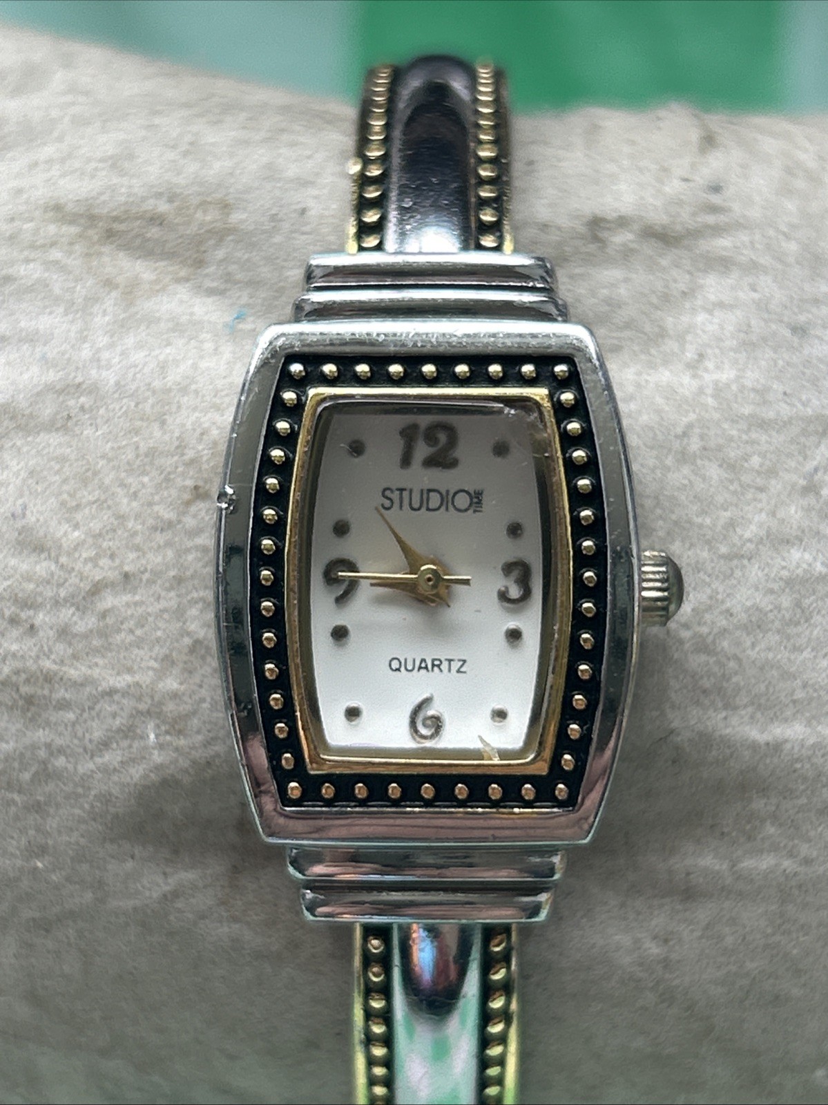 Studio Time Two Tone Women’s Quartz Cuff Watch (Cracked Crystal)