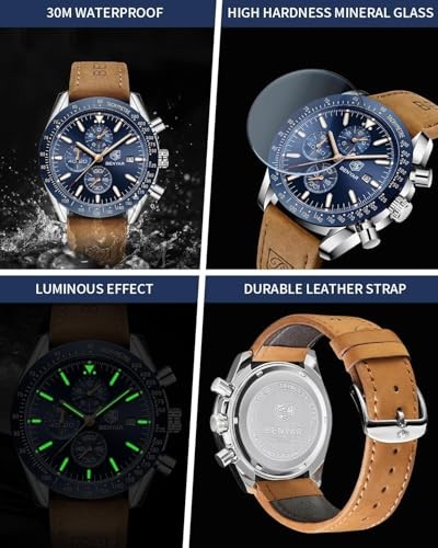BY Watch for Men Analog Quartz Chronograph Waterproof Luminous Brown Blue