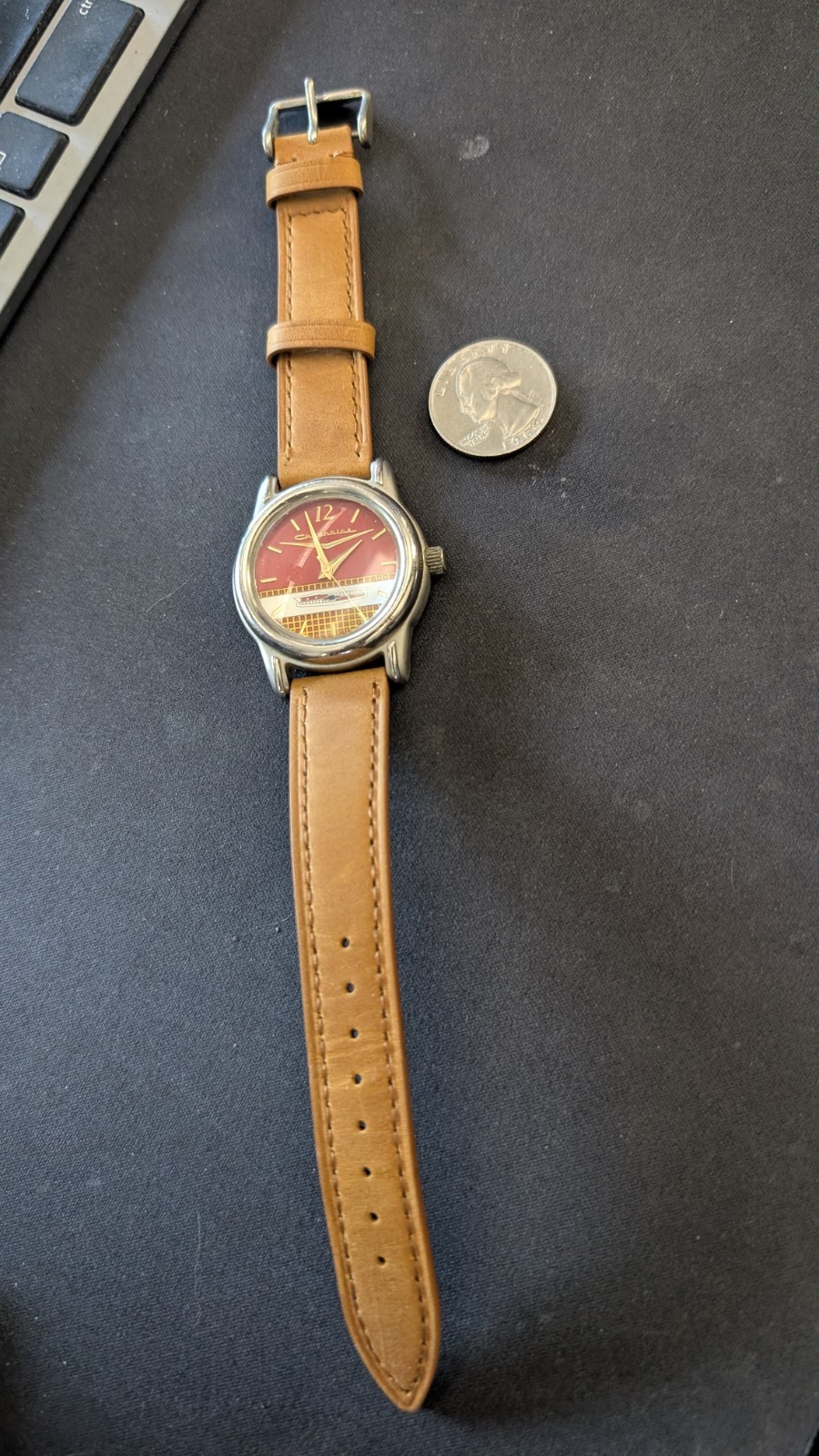 Chevrolet Quartz Watch Red Dial Bowtie Vintage Leather Strap Dealer