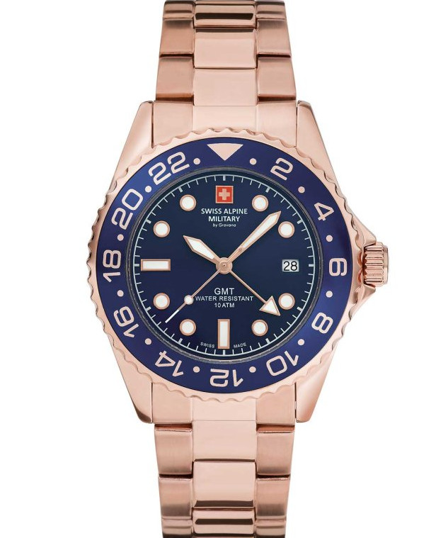 Swiss Alpine Military Rose Gold Blue Dial GMT Men’s Watch Swiss Made 7052.1165