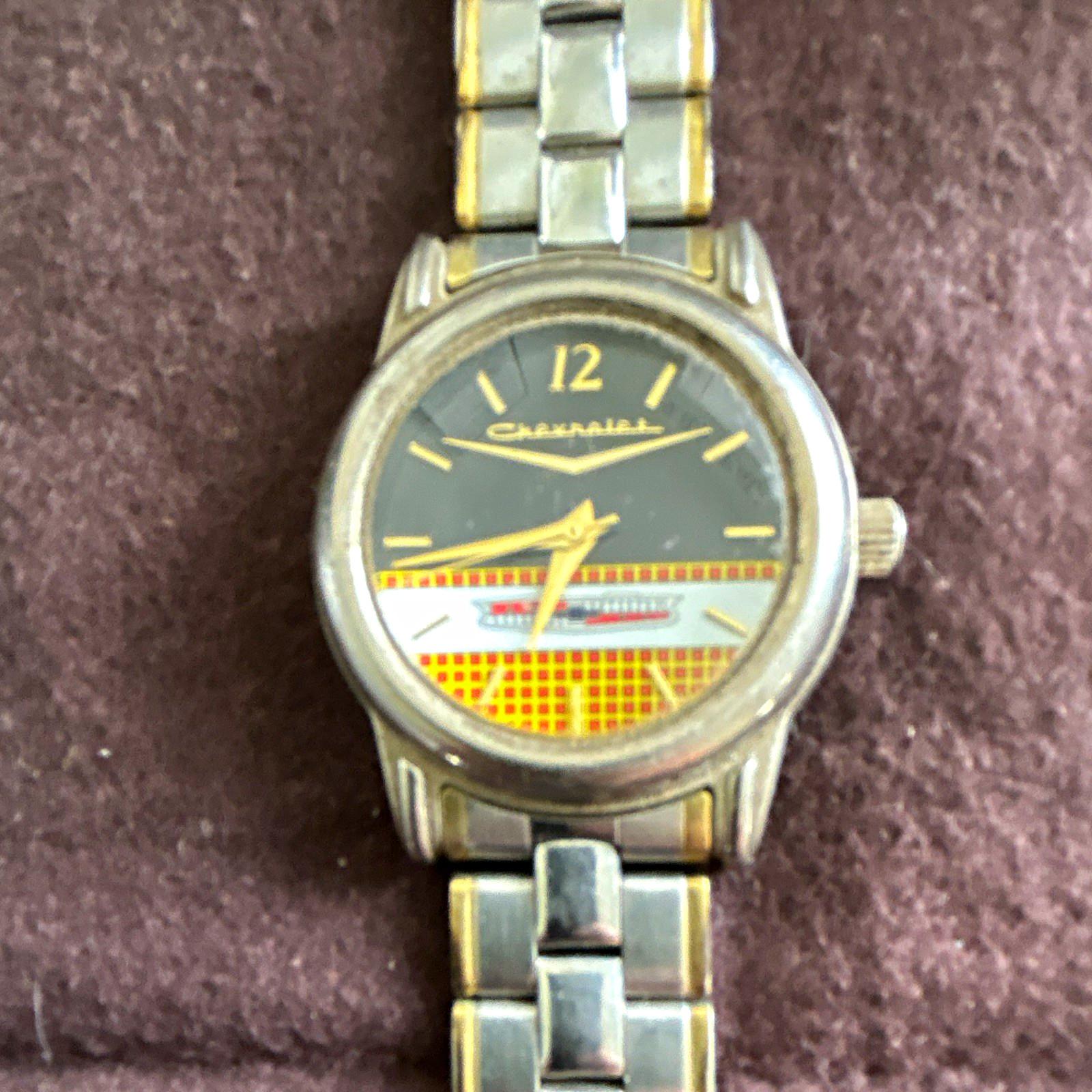 Chevrolet Quartz Analog Wristwatch Two-Tone Bracelet Black Logo Dial Round