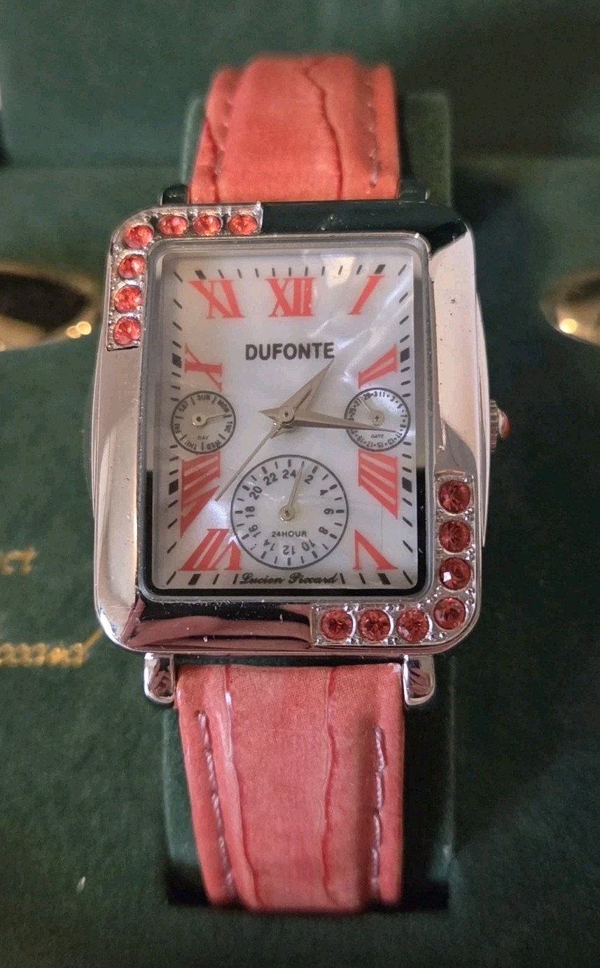 Dufonte by Lucien Piccard Pink Watch Crystals 73008COR 12h 24h Day/Date