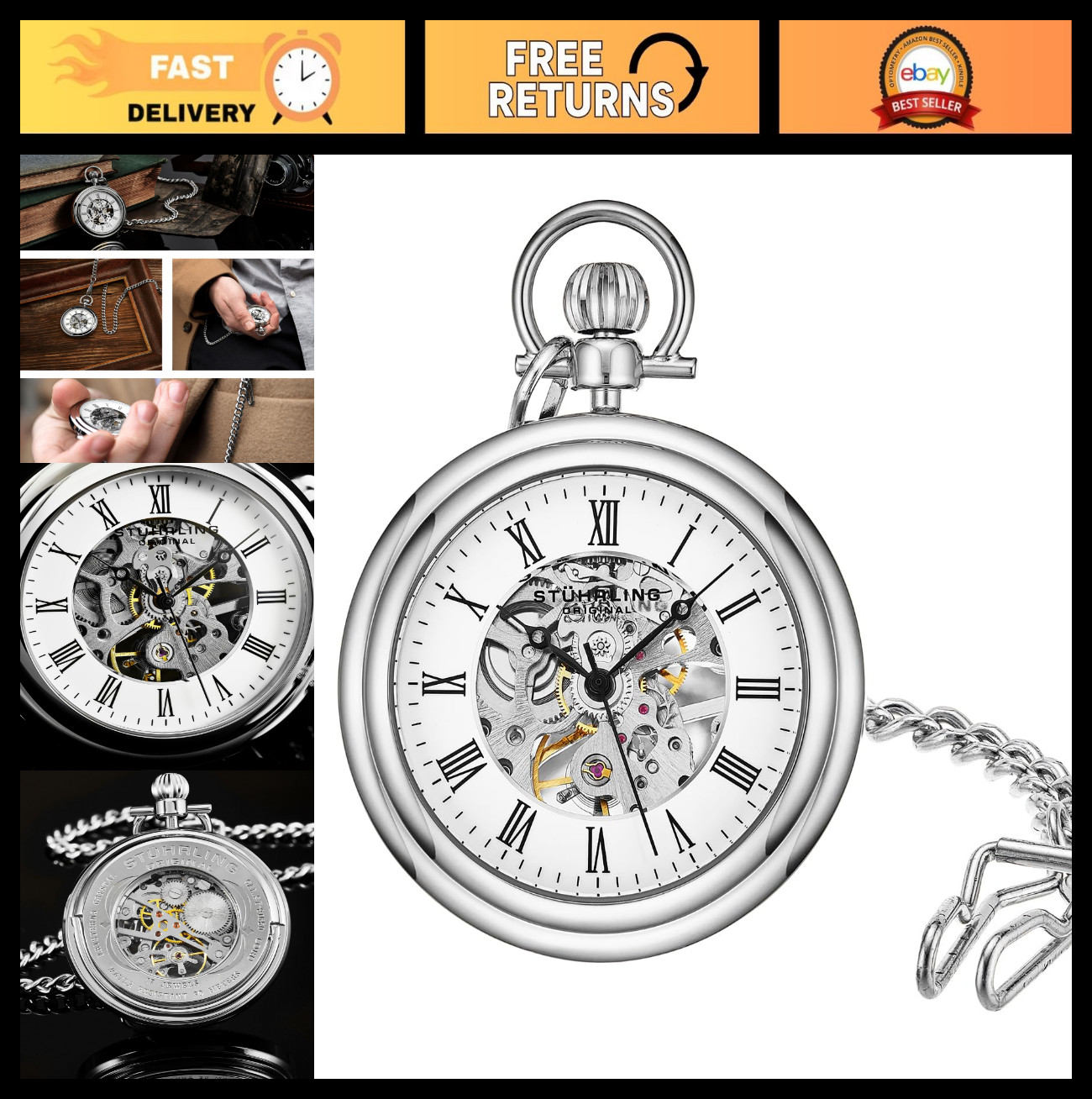 Men’s Stainless Steel Pocket Watch – Analog Skeleton, Hand-Wind Mechanical, Chai