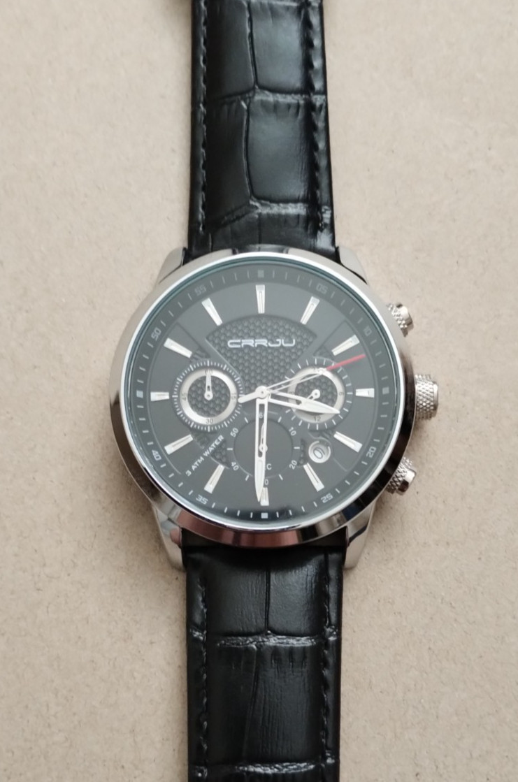 CRRJU 2212L Japanese Quartz Movement Chronograph Watch Black Dial Leather Strap.