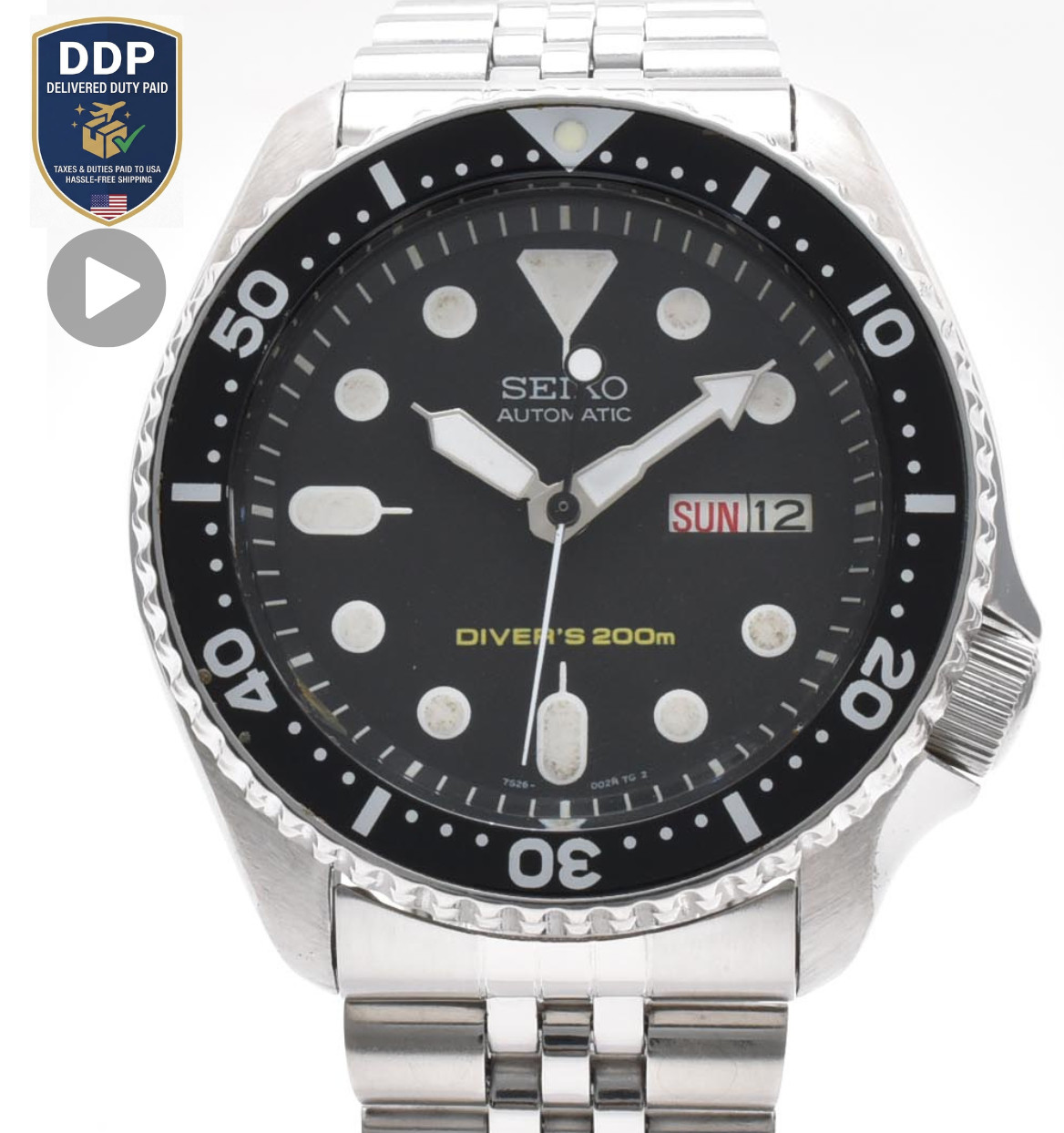 [Exc+5] SEIKO SKX007 7S26-0020 Black Boy Automatic Diver Vintage Men Watch 17.5c