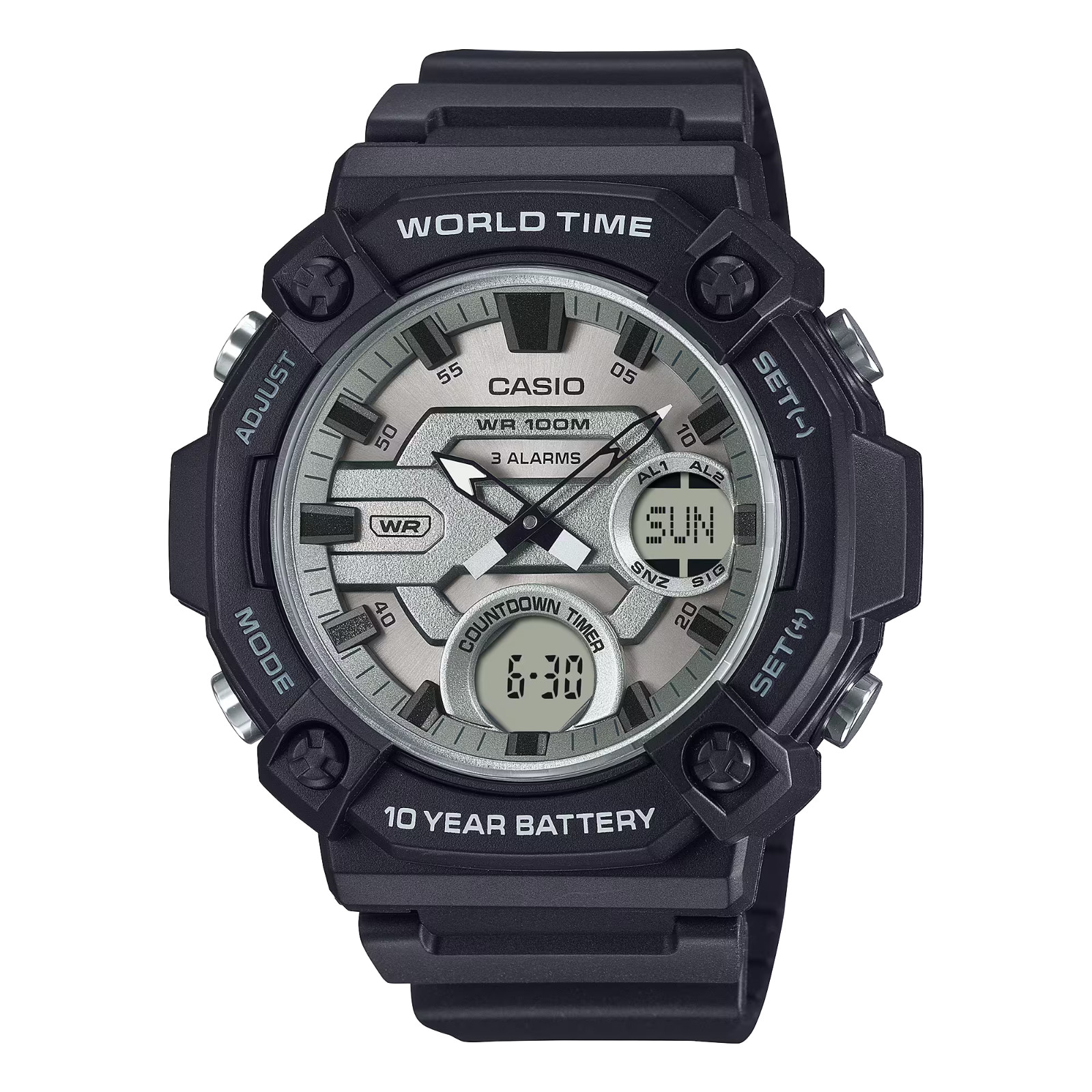 Casio AEQ120W-7AV, Telememo 30 Watch, 100M, 3 Alarms, Chronograph, World Time