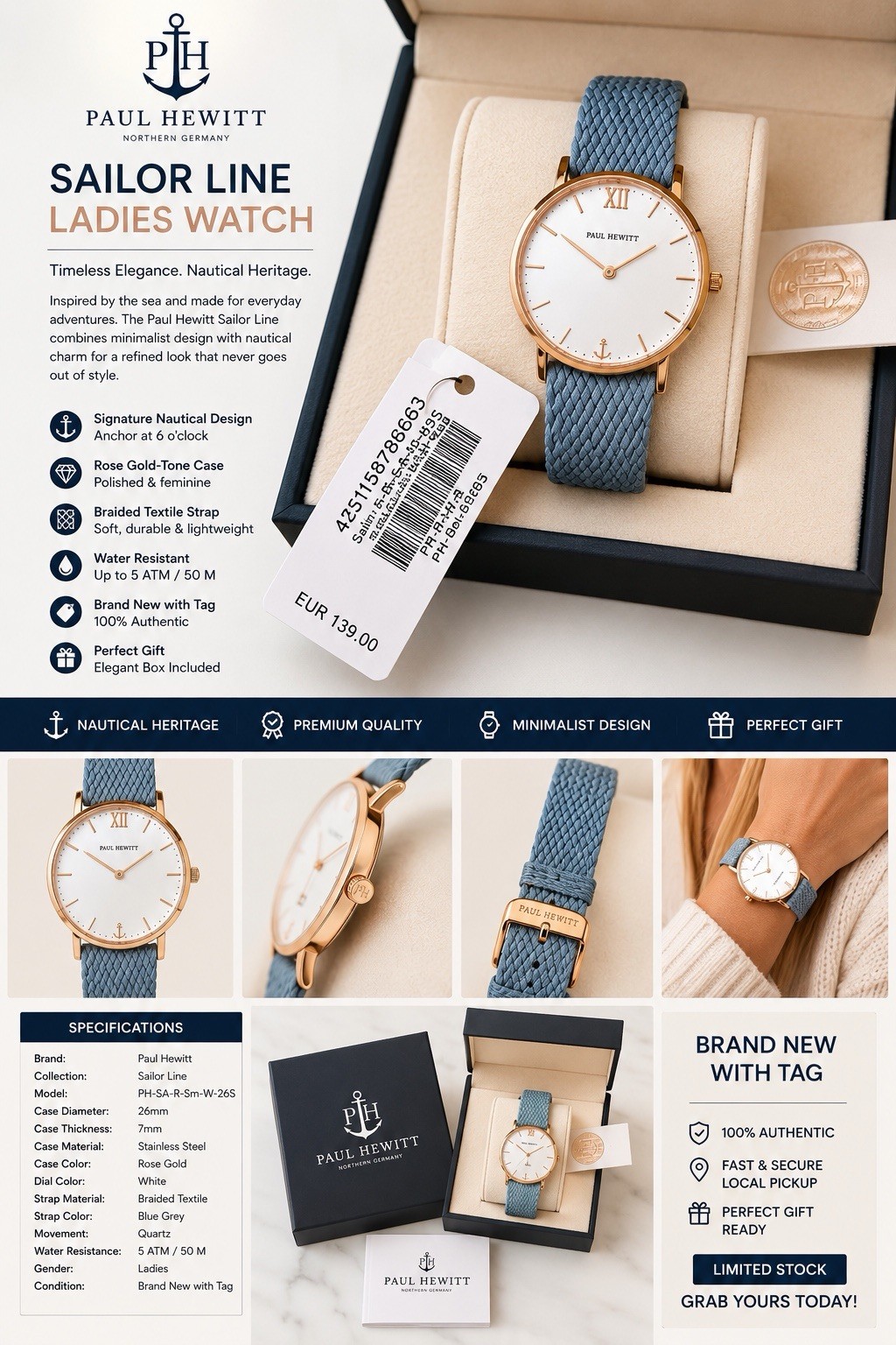 Paul Hewitt Sailor Line Women’s Quartz 26mm Rose Gold Blue Textile Strap 50m