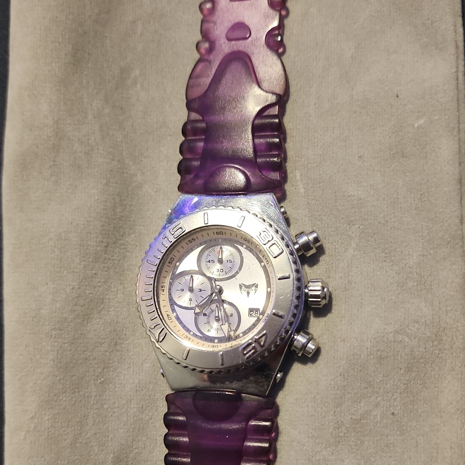 Quartz Chronograph Date Sport Watch, Silver SS Case, Purple Rubber, 50m