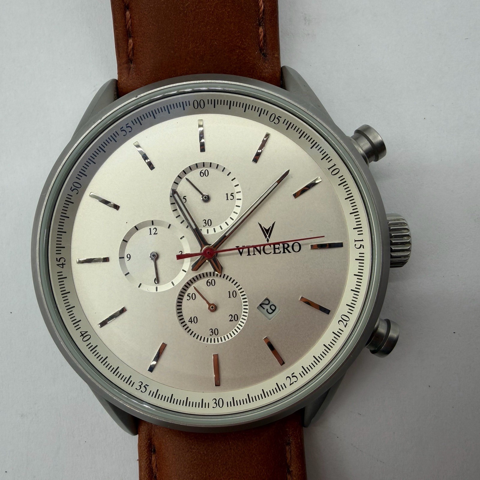 Vincero Chrono S Chronograph Quartz White Dial Brown Leather Strap New Battery