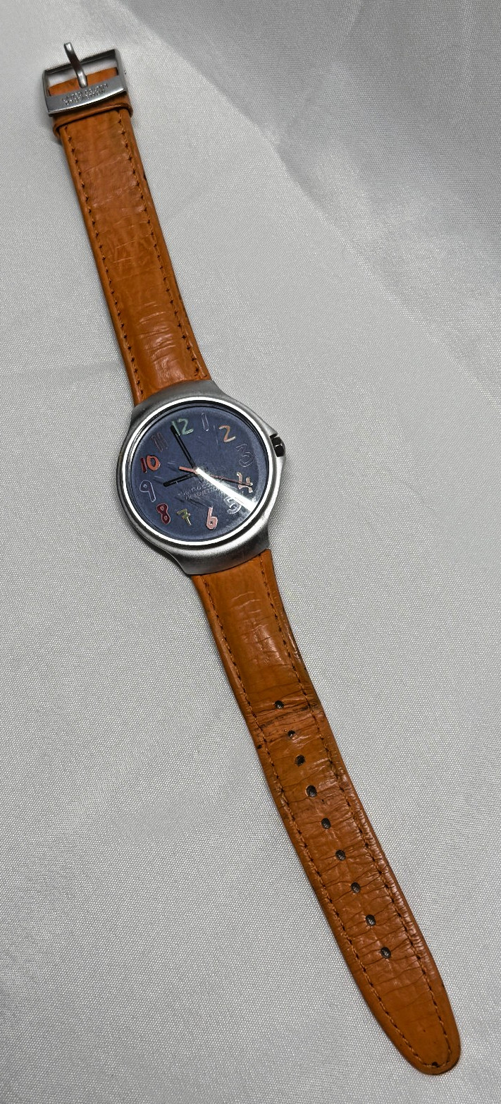 United Colors of Benetton Watch Orange Leather Band Multi Color Face Numbers