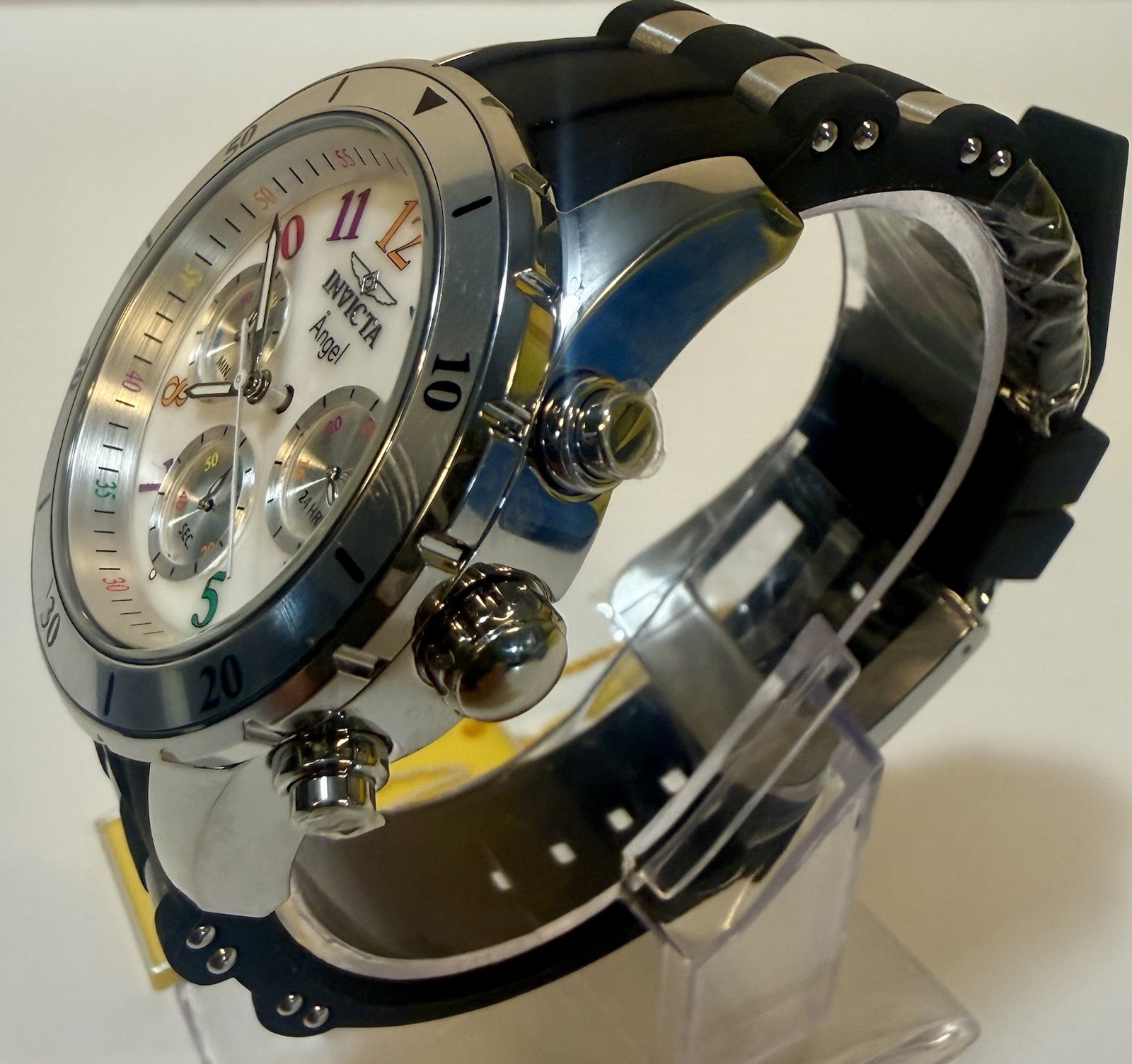 Invicta Angel 49802 Chronograph Black Silicone Steel 40mm Unisex Watch Rainbow