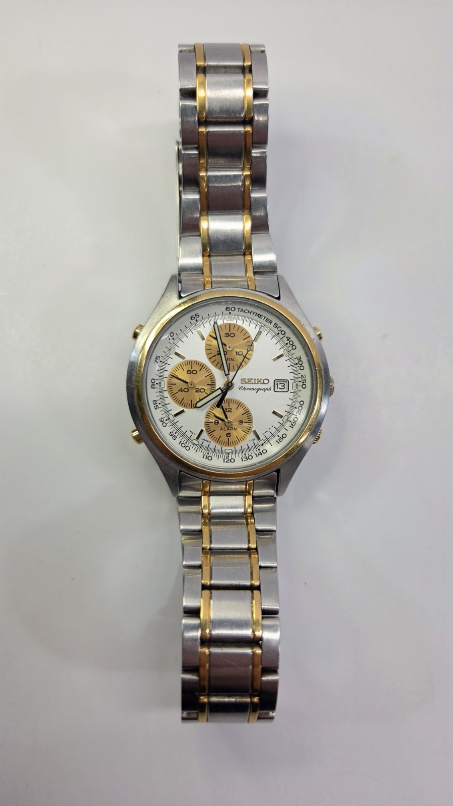 Excellent Seiko Gold Panda 7T32-7C60 Alarm Chronograph Working New Battery