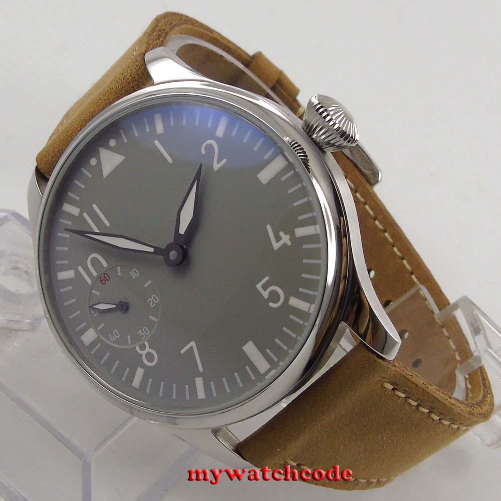44mm sterile gray dial cow leather aisa 6497 hand winding movement mens watch