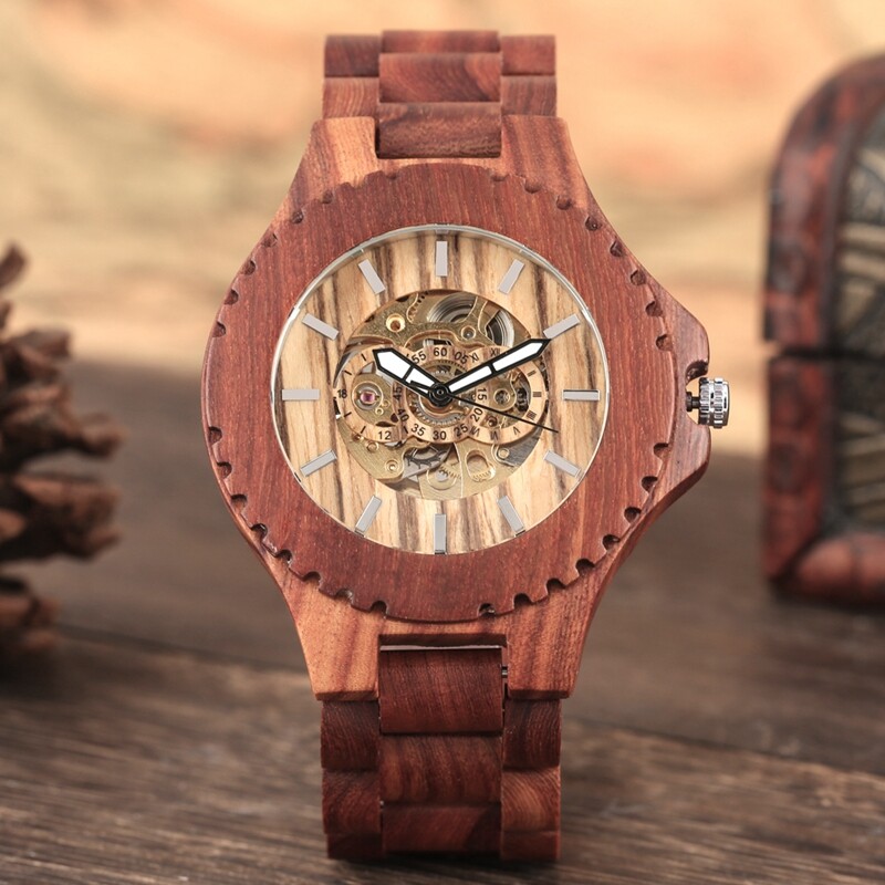 Classic Wooden Watch Men’s Auto Mechanical Wrist Watches Skeleton Wood Strap