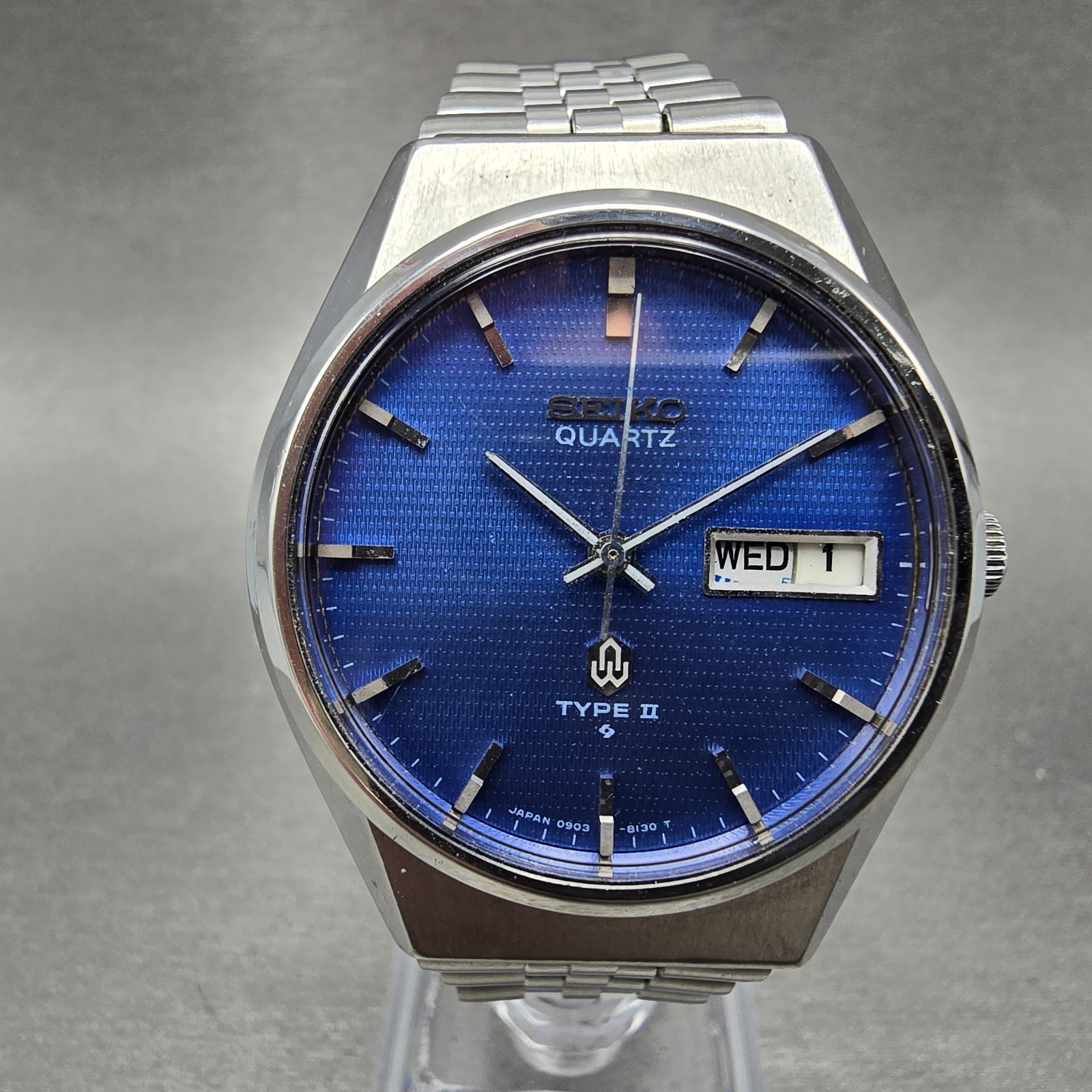 Seiko Type II Watch Men 36mm Blue Dial Steel READ!!! Daydate 0903-8120 NewBat BF