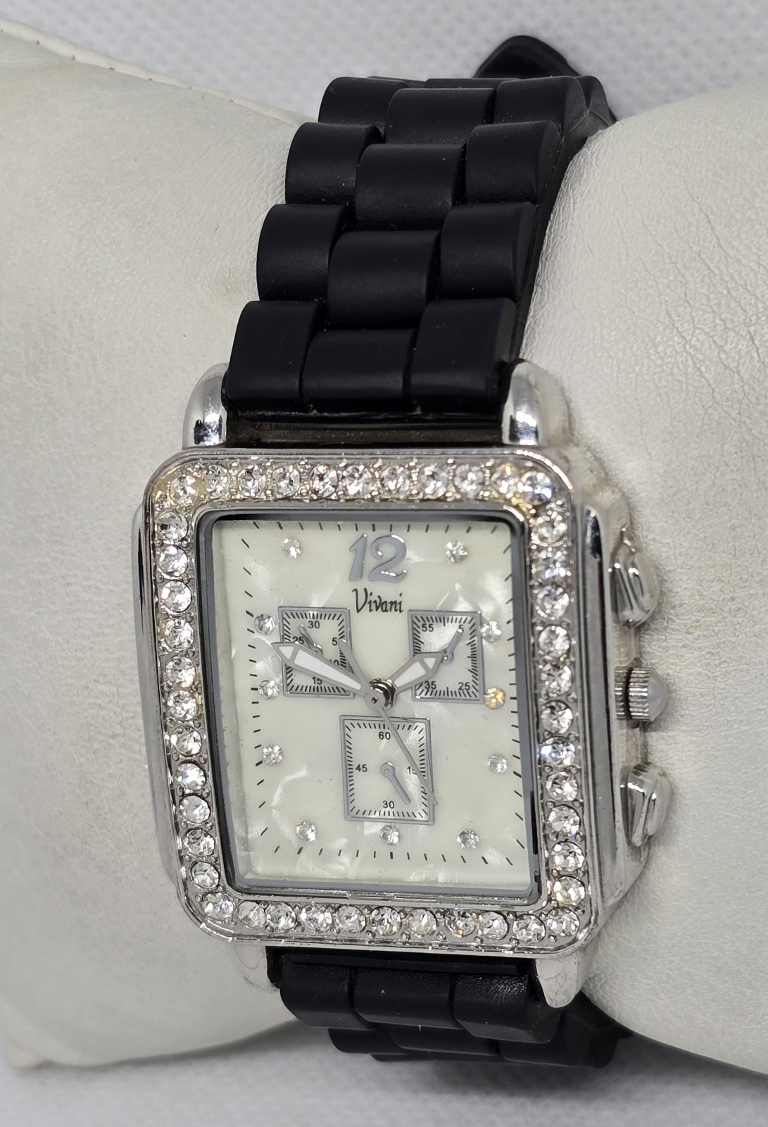 Women’s Vivani Rectangle Silver Tone Rhinestones Black Silicone Strap Watch 12