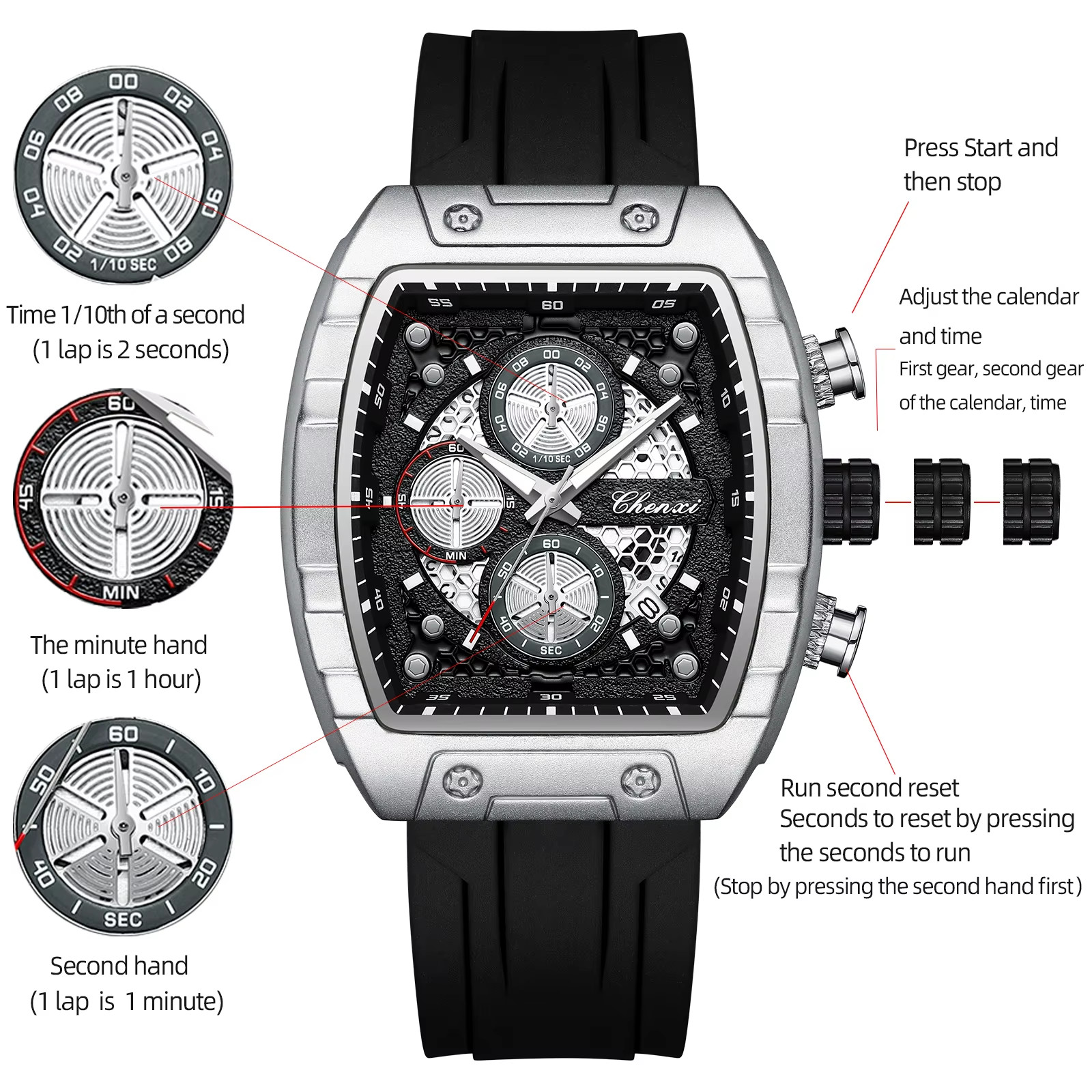 CHENXI Men’s Tonneau Black Silicone Chronograph Calendar Luminous Quartz Watch