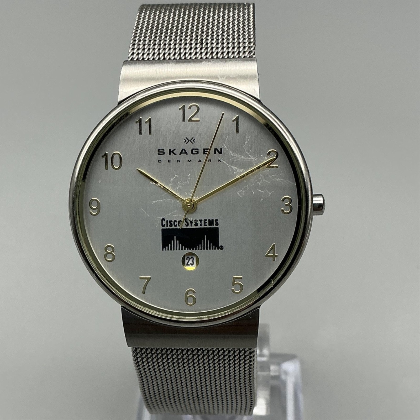 Skagen 355LGSC Mens Watch 34mm Silver Tone Date Mesh Cisco Logo New Battery