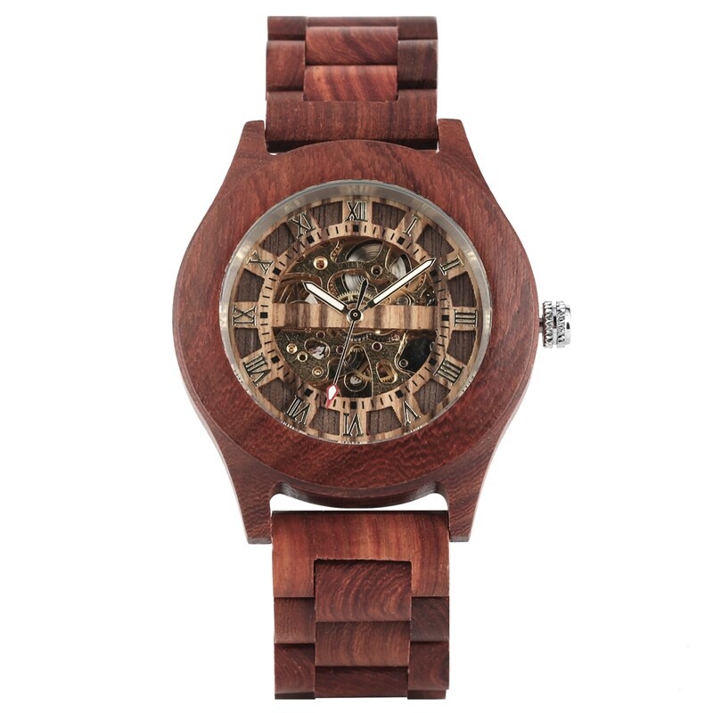 Classic Wooden Watch Men’s Auto Mechanical Wrist Watches Skeleton Wood Strap