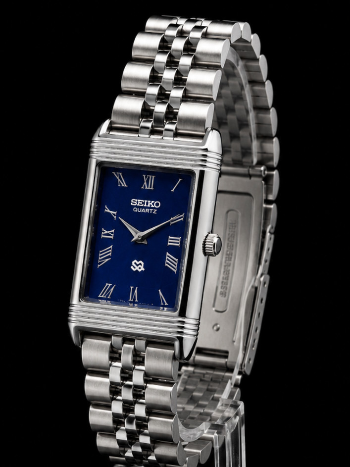 Vintage Seiko Tank Reverso Style Quartz Case Size 28MM Blue Face Men’s Watch