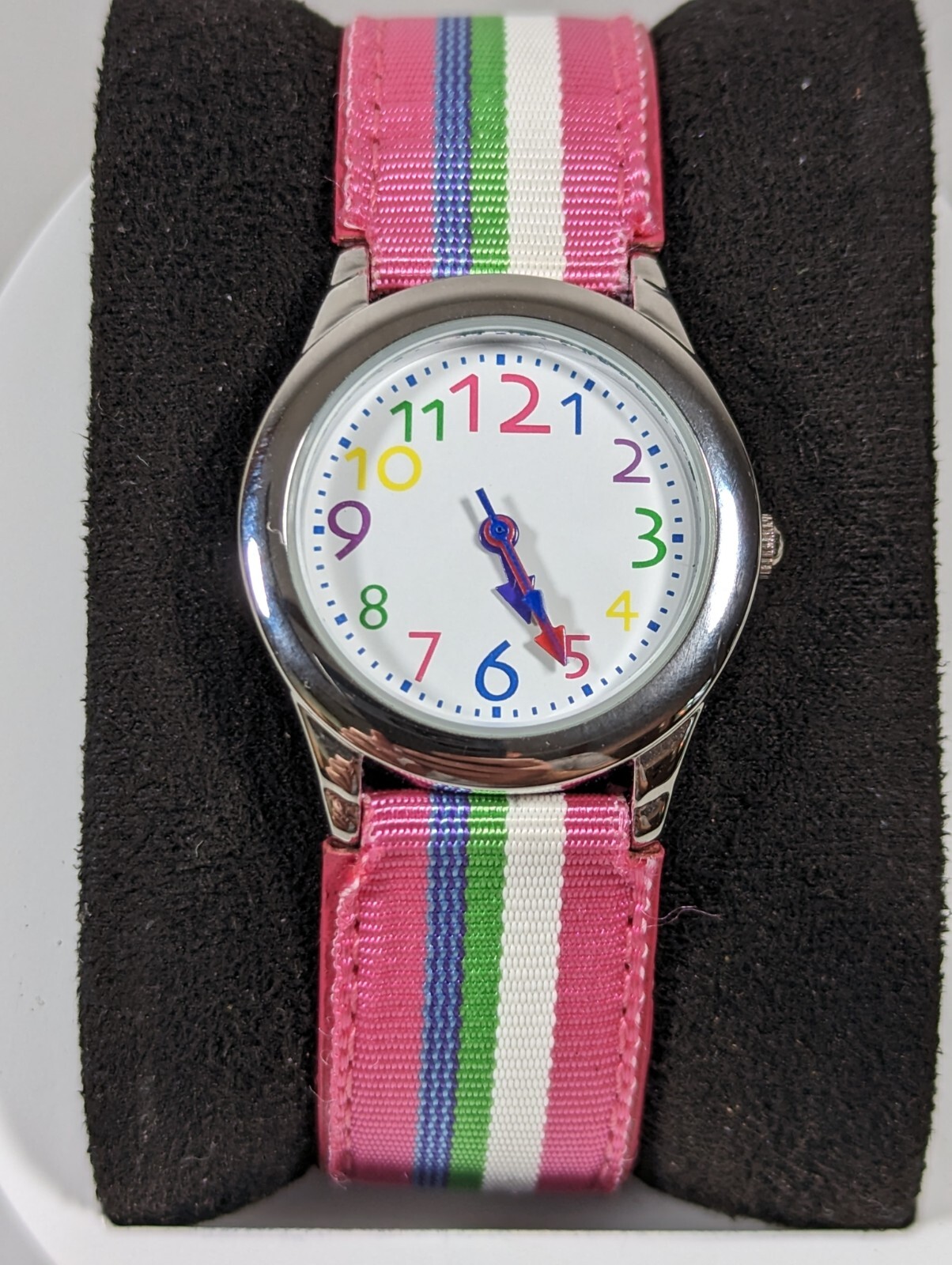 White Dial Round Silver Tone Case Pink White Green Blue Canvas Band Watch