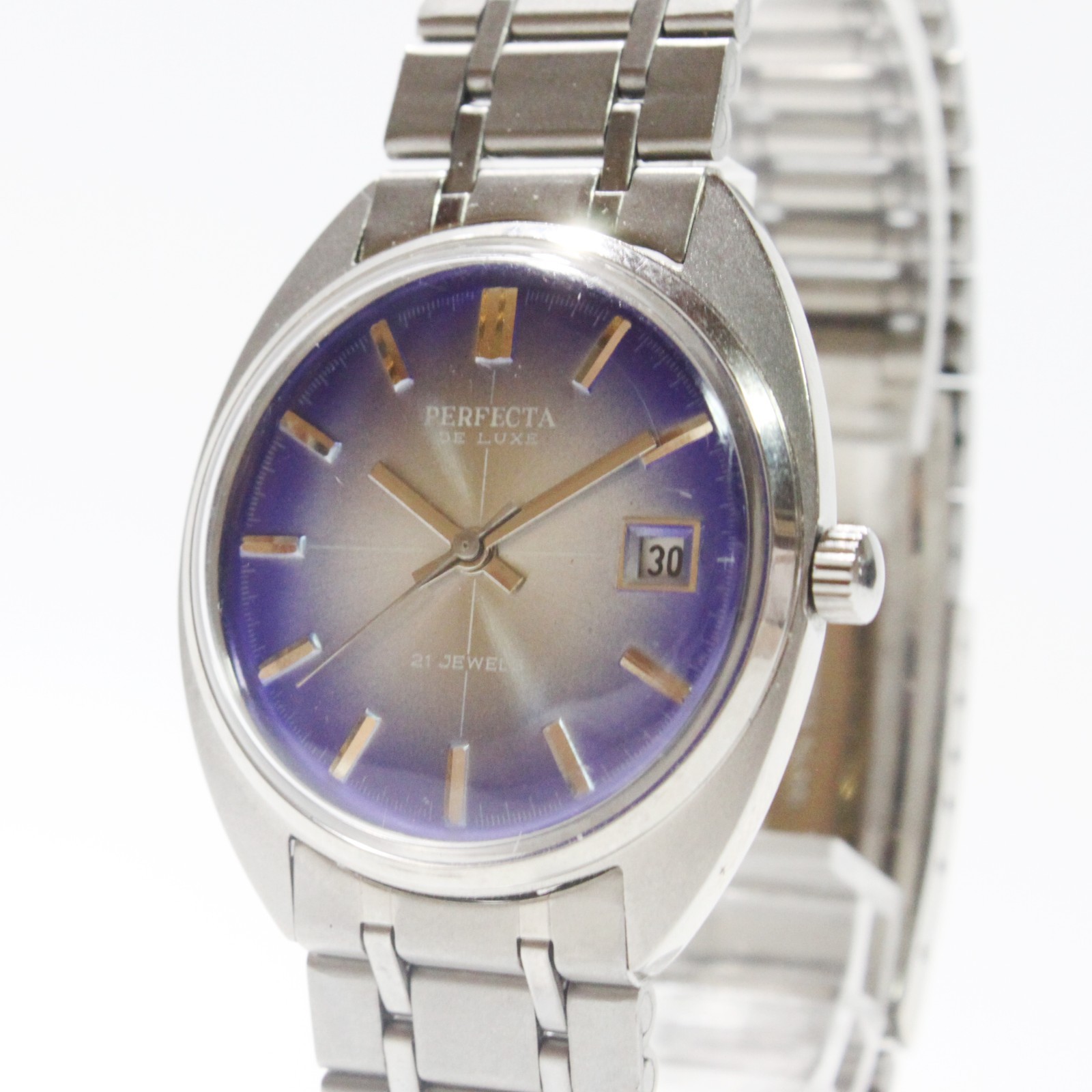 Vintage PERFECTA DE LUXE 21 Jewels Hand-Winding Mens Watch Purple Dial Working