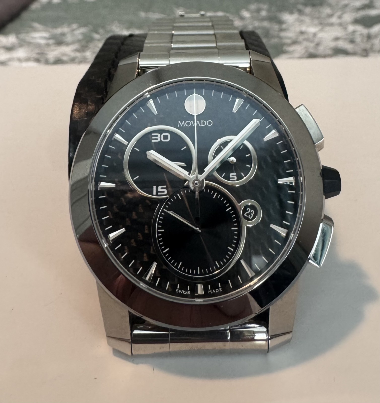 Movado Vizio 0607544 Chronograph Black Dial Stainless Steel Men’s Watch