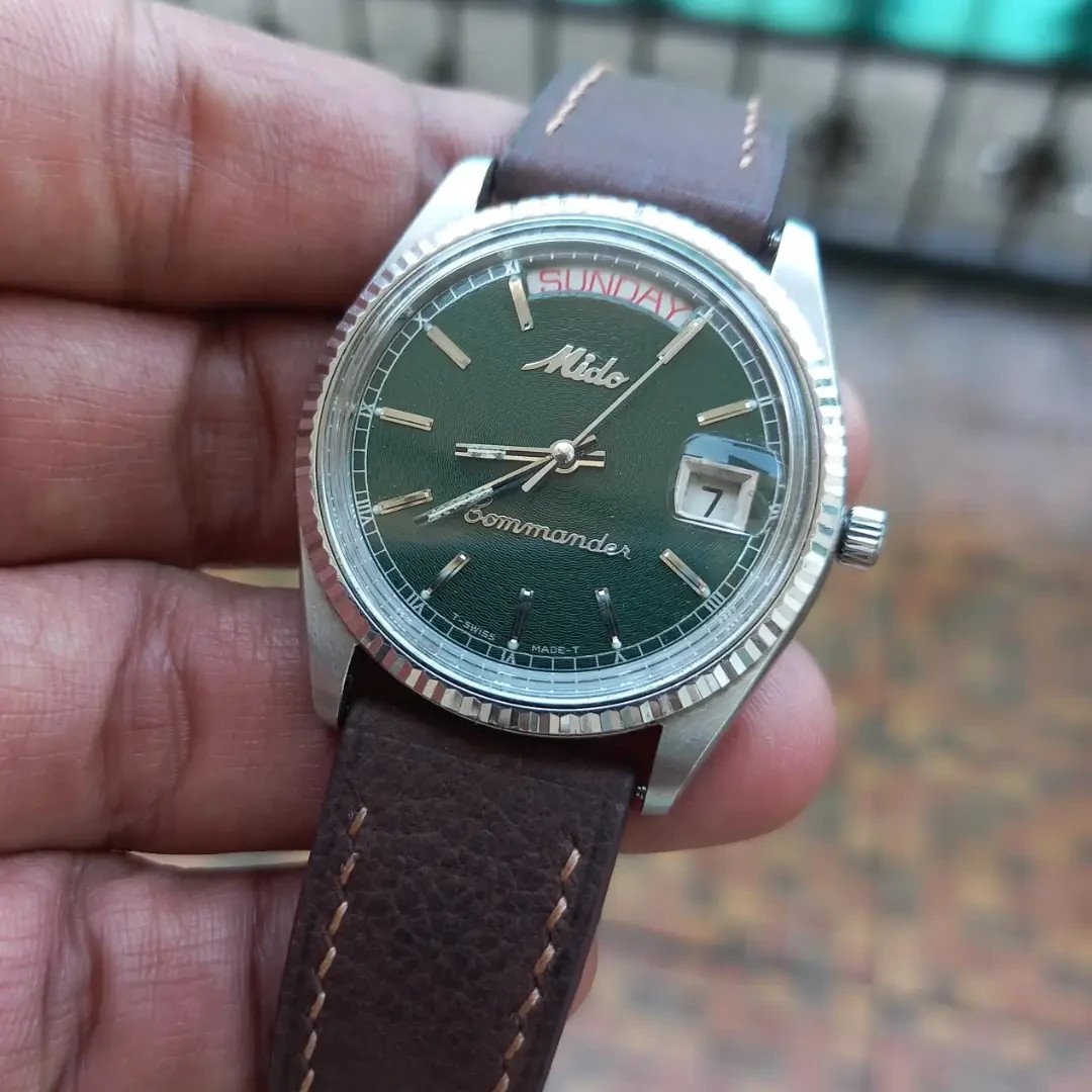Rare MIDO Commander President Day date Green Dial Automatic Vintage Watch Men