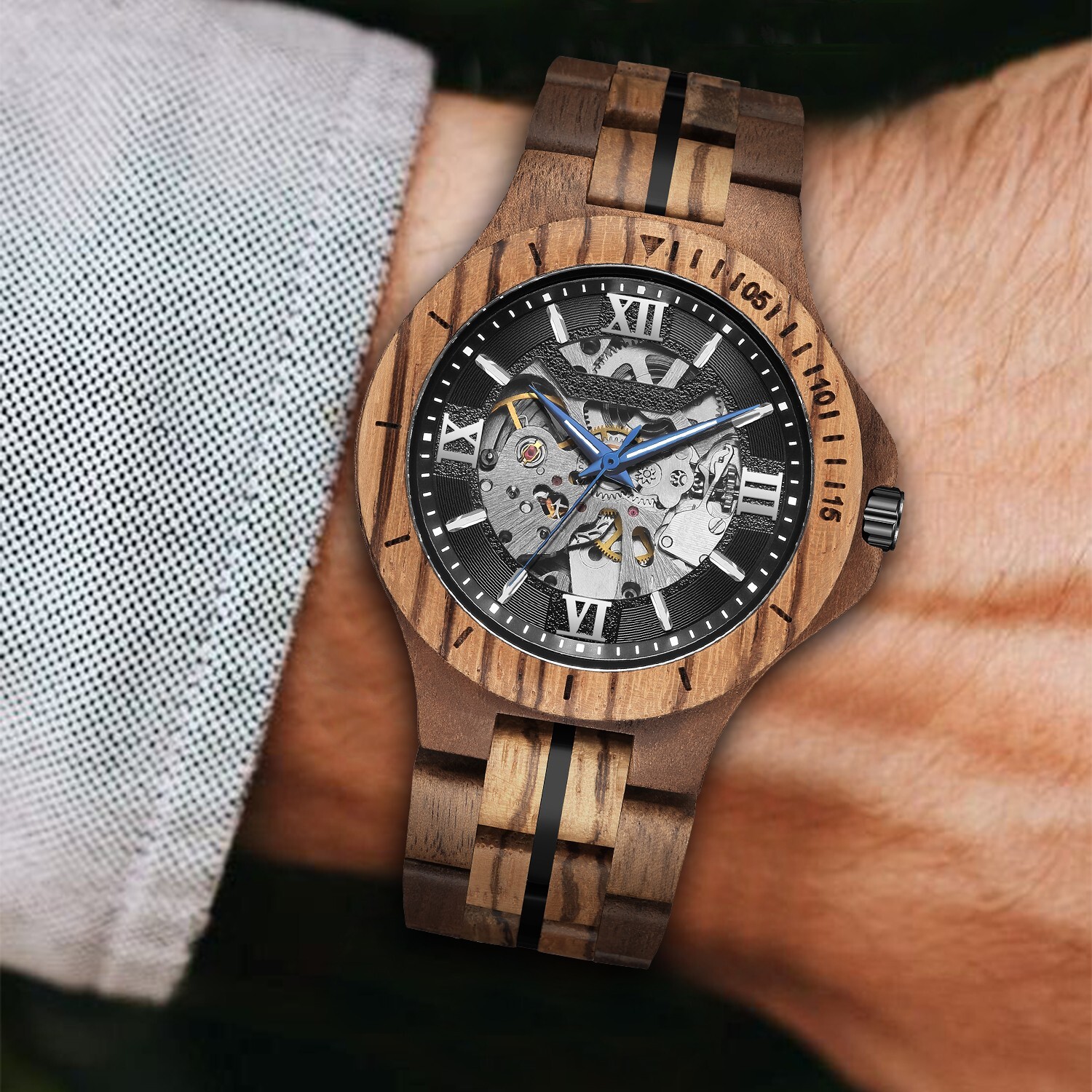 Men’s Wood Mechanical Watch Handmade Wooden Watch Gift to Men