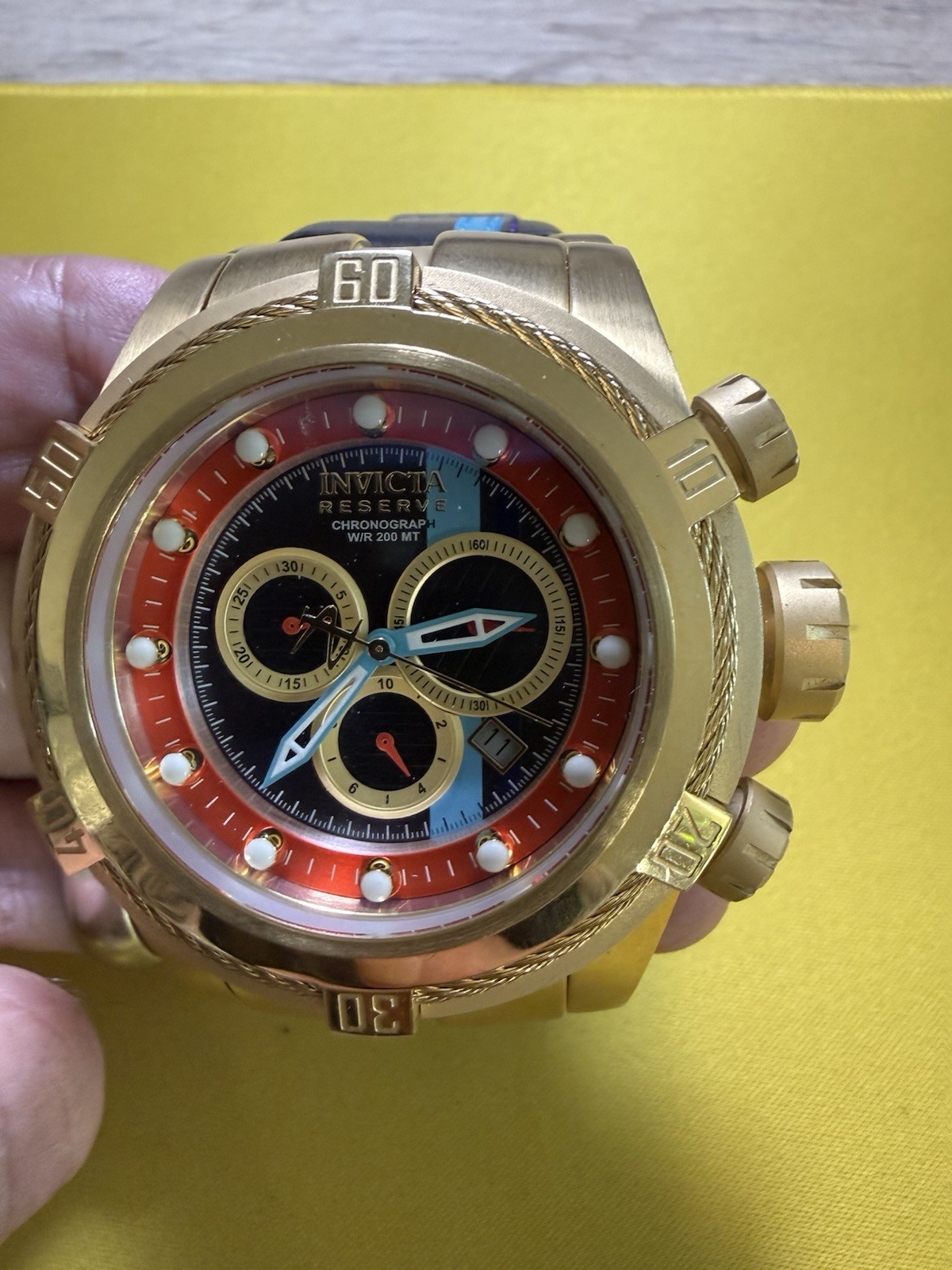 Invicta Reserve Bolt Zeus Swiss Chrono Date Watch Gold Case Blue Leather -29053