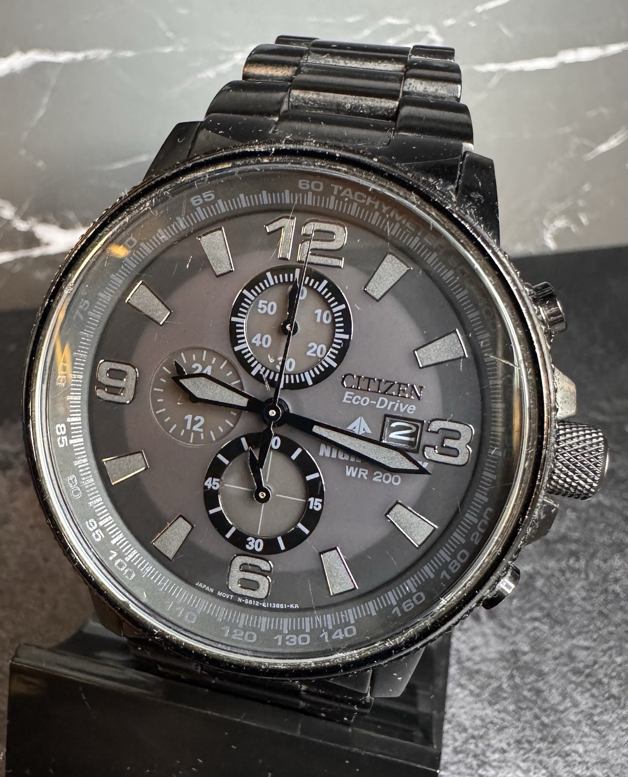 Citizen Eco-Drive Nighthawk Black Ion Chronograph B877 Men’s Watch 200M Tested