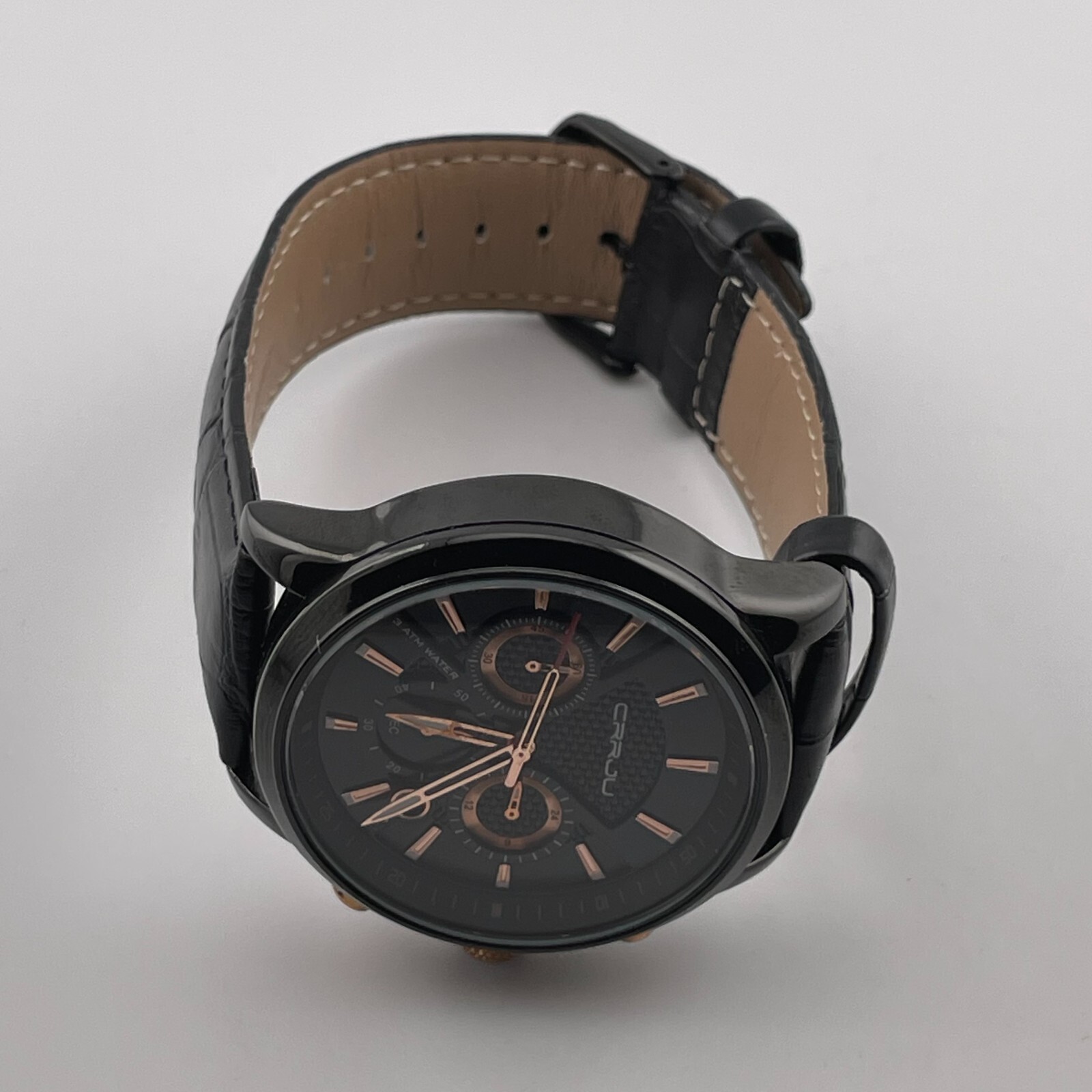 CRRJU Watch Mens Chronograph 24H Date 43mm Case Black Leather Band Quartz