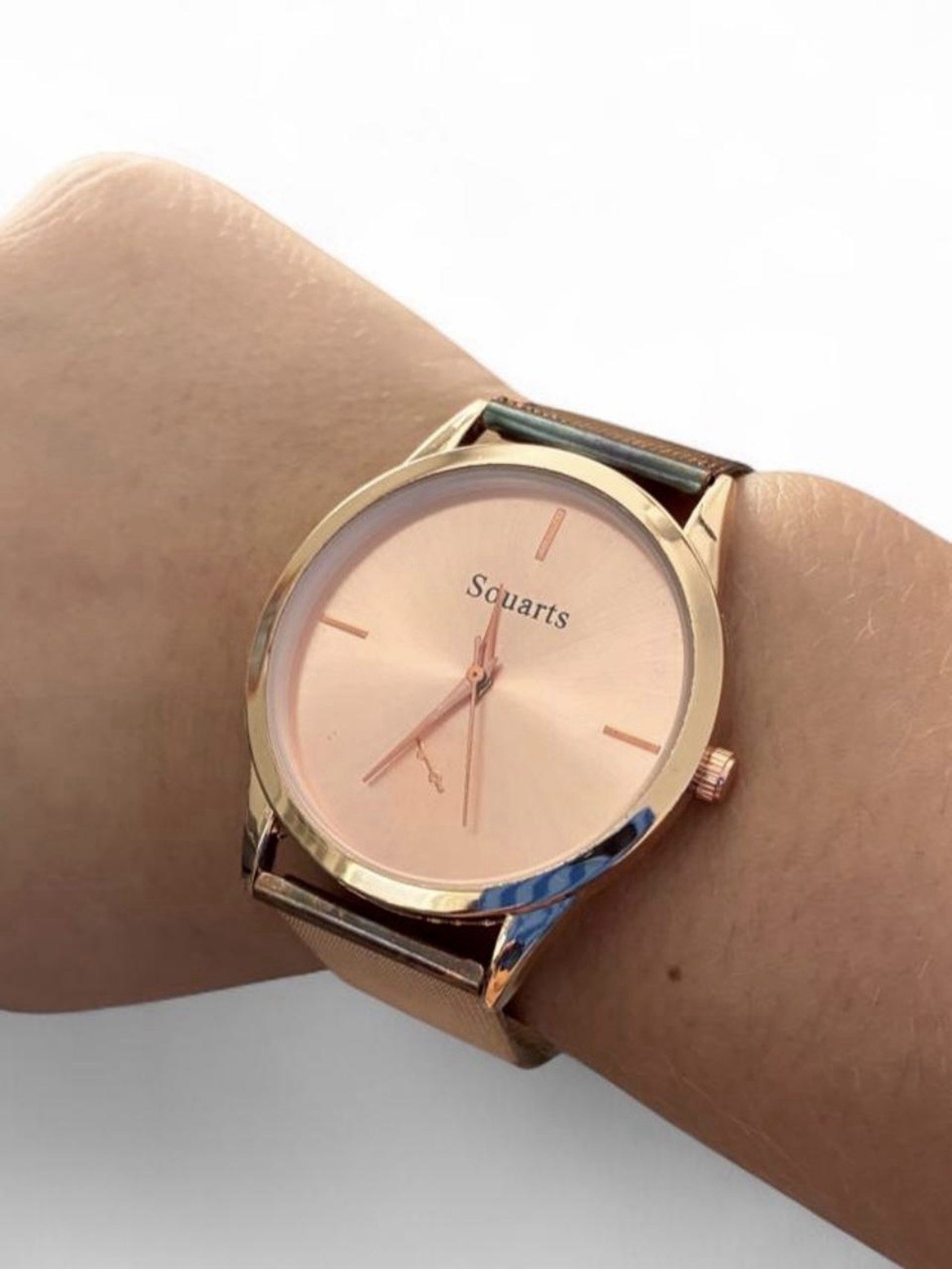 Souarts Unisex Quartz Analog Watch Rose Gold Tone Mesh Band Round Baton Dial