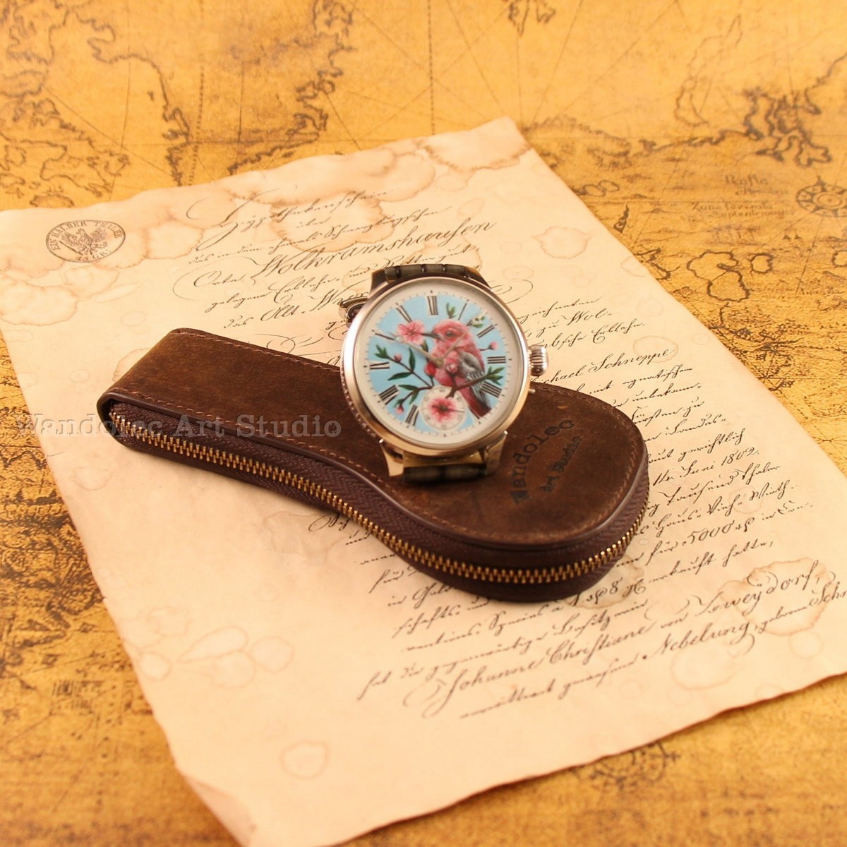 Vintage Mens Wristwatch: Hand Painted Dial, Jeweled Case, Swiss 1890 Movement