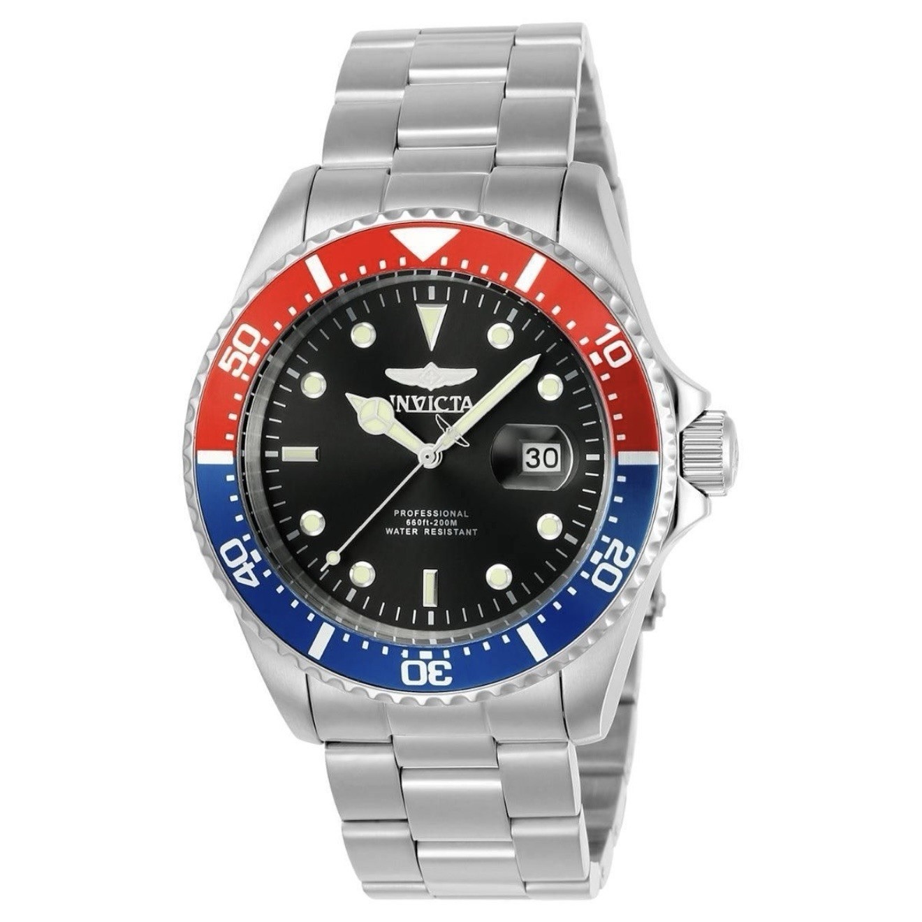 Invicta Pro Diver Men’s Quartz 200m SS Bracelet Black Dial Red/Blue Bezel