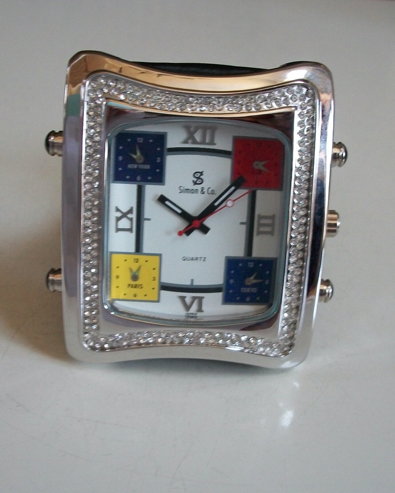 Men’s Silver Trim Multicolor Dial Black Leather Band Fashion Hip Hop Stone Watch