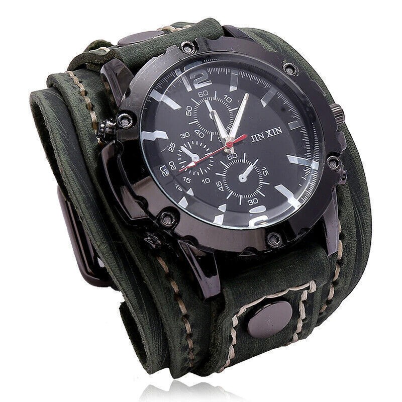NEW Wide Leather Watch Cuff Band Brown Wrist Black Strap Punk Retro Quartz Mens