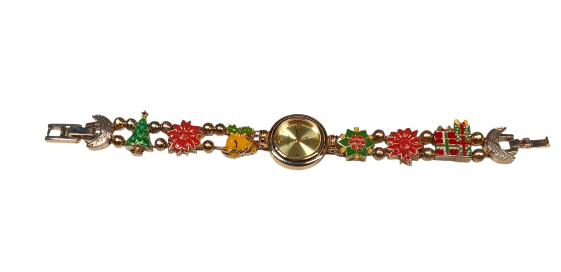 Christmas Watch Rumours Quartz Enameled Bracelet Poinsettias Presents Bells Tree